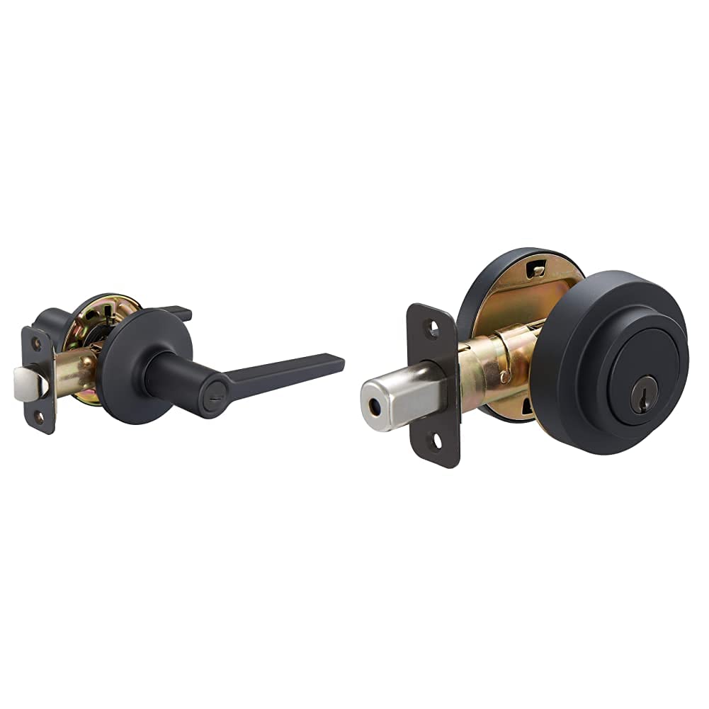 Amazon Basics Manchester Matte Black Entry Door Lever with Lock & Round Deadbolt - Single Cylinder Contemporary Style for Home Security | Front Door, Apartment, Office, Commercial Use