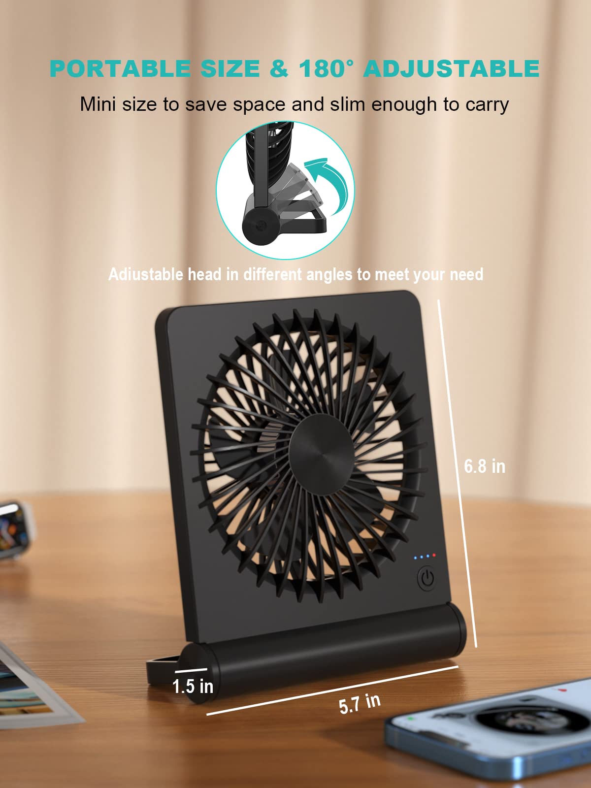 Portable USB Rechargeable Desk Fan - 3 Speed Adjustable, Ultra Quiet, Strong Airflow - Perfect for Office, Home, Travel & Camping Use