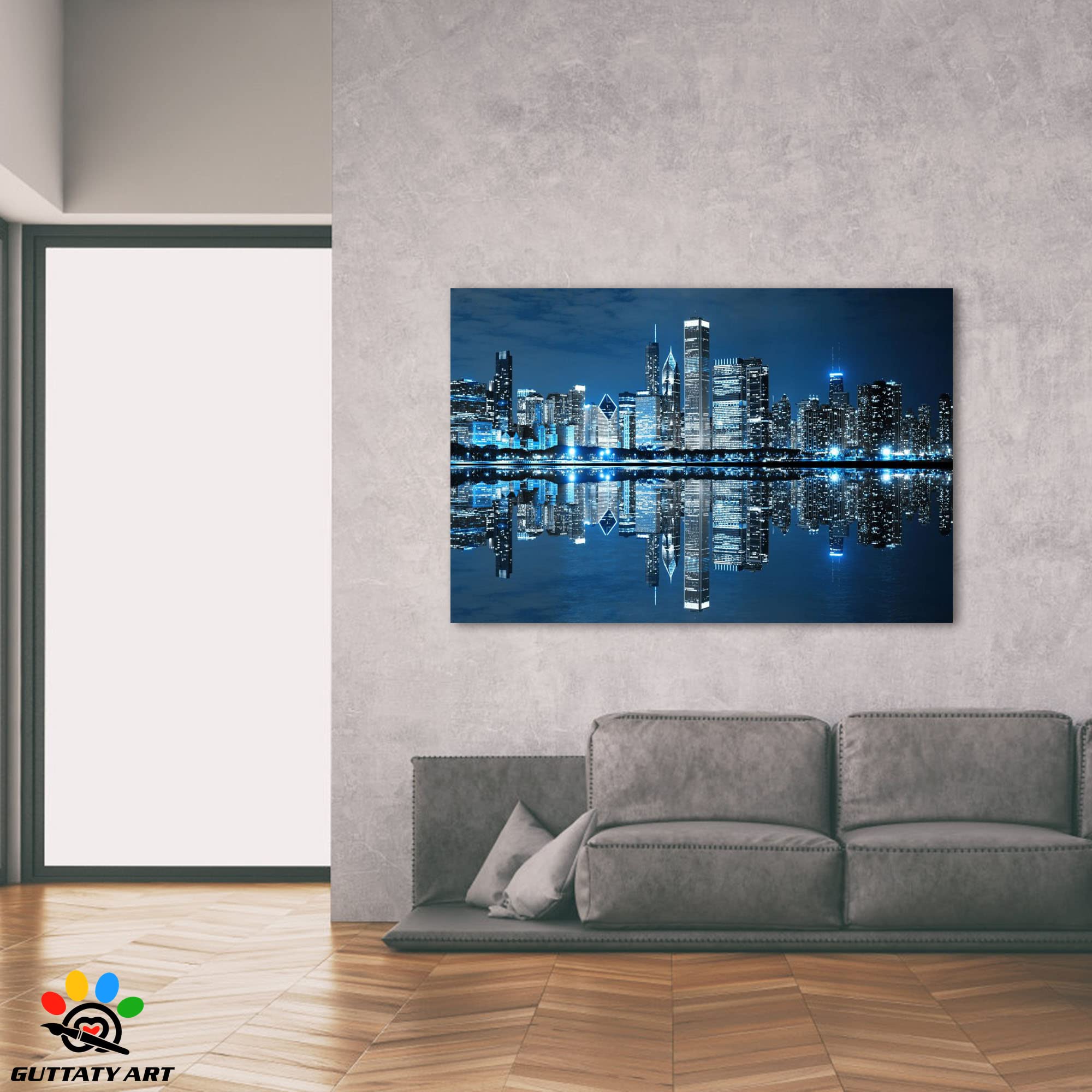 Blue Chicago Skyline Canvas Wall Art - Modern Cityscape Photography Framed Painting (32x48 Inches) for Living Room, Bedroom & Office Decor | Night View Urban Landscape Home Décor