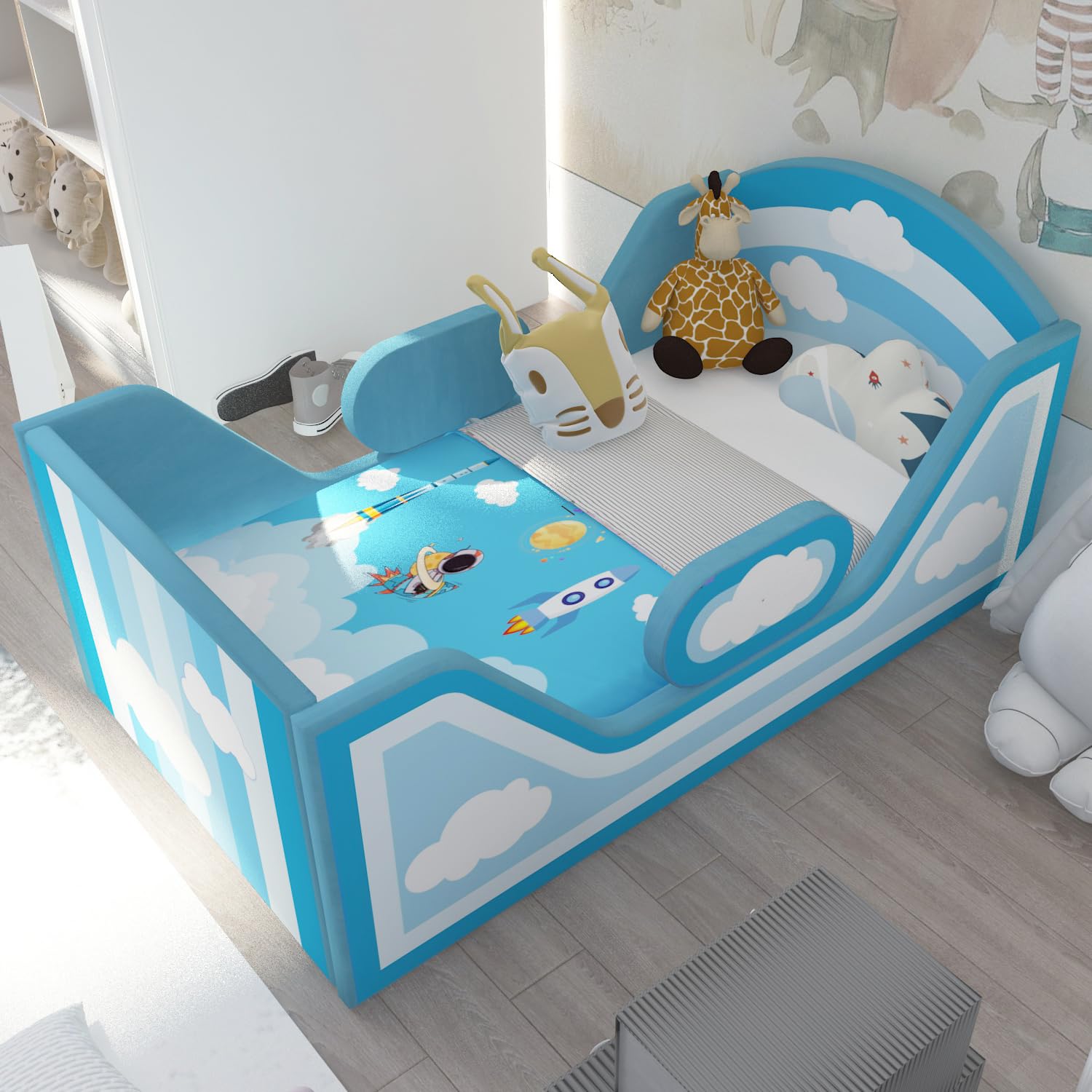 Sky Blue Round Toddler Bed with Safety Rail & Upholstered Headboard - Standard Crib Size Floor Bed for Kids 18 Months to 6 Years | Safe Transition Bed for Montessori Nursery, Daycare or Kids' Bedroom (No Mattress Included)