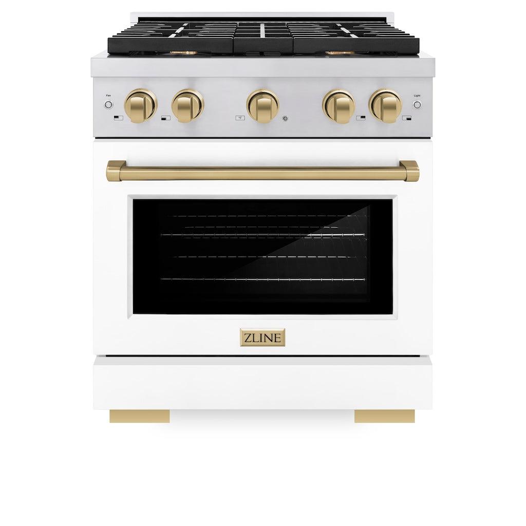 ZLINE Autograph Edition 30-inch 4.2 cu. ft. Stainless Steel Gas Range with 4 Burner Cooktop, Convection Oven & White Matte Door - Champagne Bronze Accents (SGRZ WM 30 CB) - Perfect for Modern Kitchens & Professional Cooking