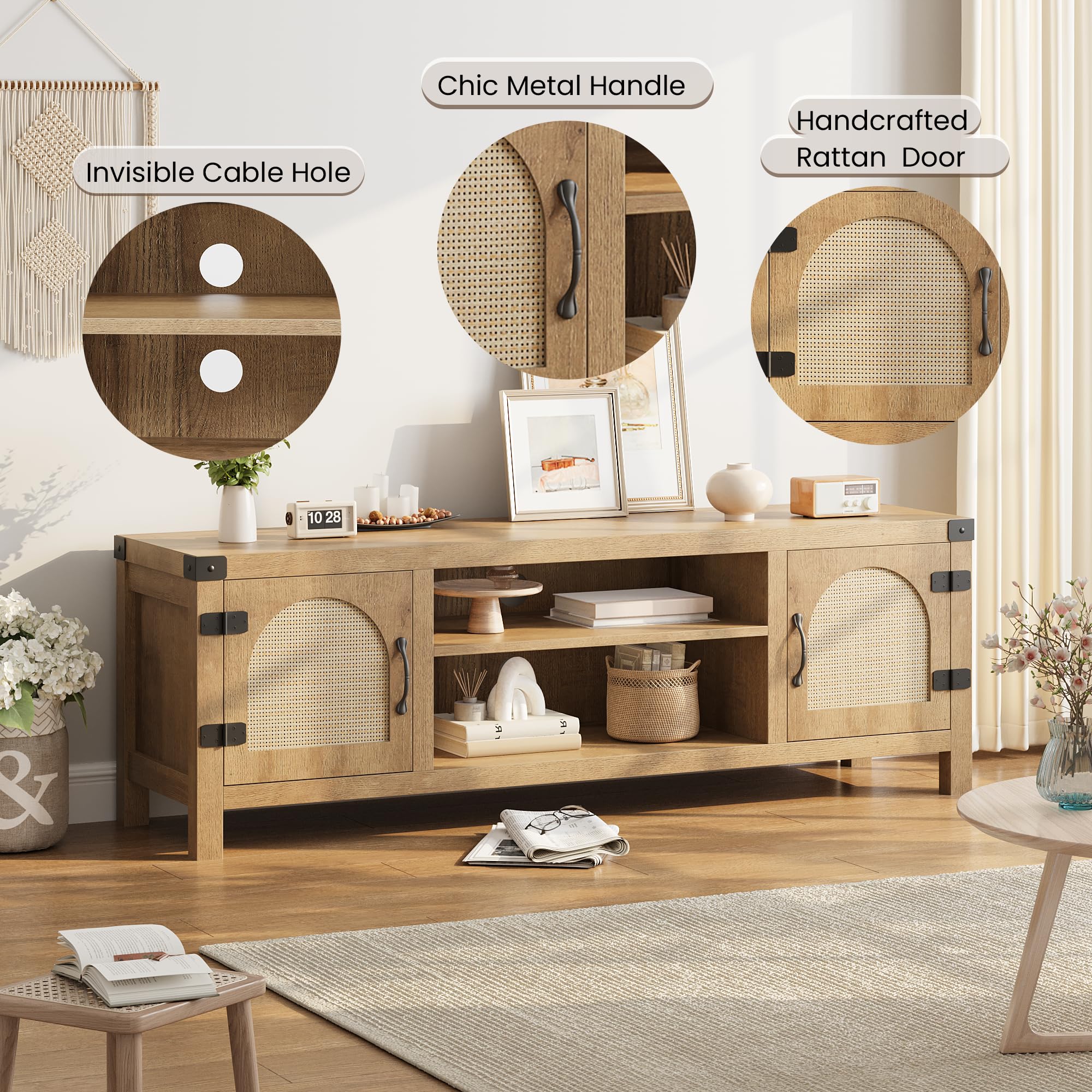 GAOMON Rattan TV Stand for Living Room - Boho Style Entertainment Center with Rattan Doors & Adjustable Shelves, 2-Tier Open Storage Media Console - Perfect for Home Theater, Gaming Setup & Living Room Organization (Natural Finish)