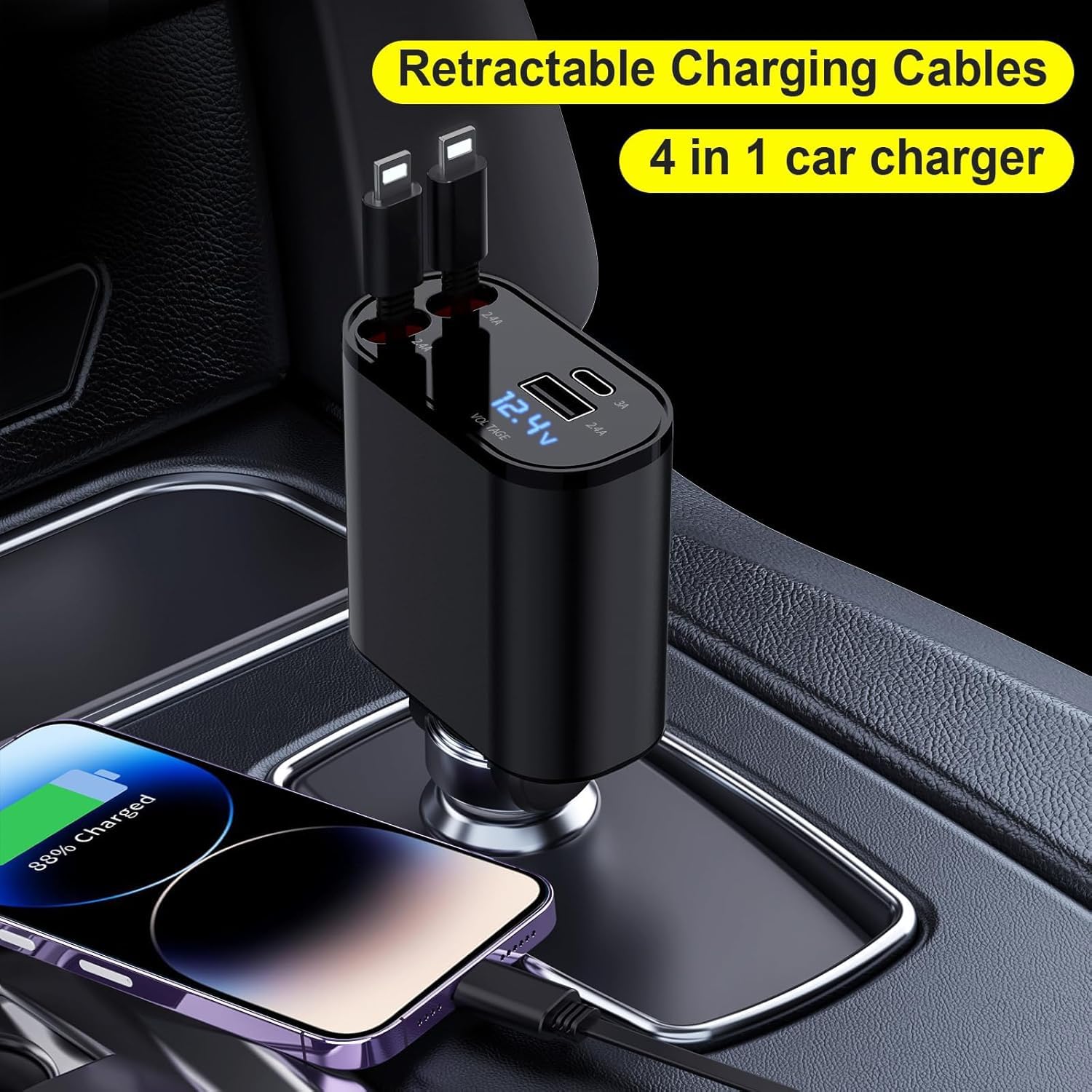 Aimtel 60W Retractable Car Charger with 4-in-1 Phone Charger - Fast Charging Cables & Dual USB Ports for iPhone 15, iPad, Galaxy, Google Pixel, Huawei - Perfect for Road Trips, Commuting & Travel Accessories