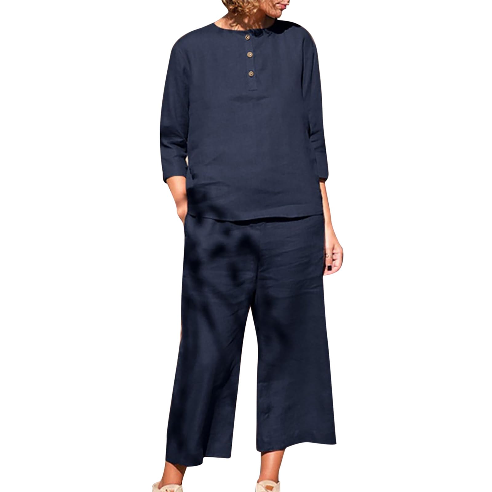 Oelaio 2024 Women's Plus Size Summer 2-Piece Outfit Set - Cotton Linen 3/4 Sleeve Shirt & Wide Leg Pants Lounge Set, Solid Color Casual Wear for Travel, Vacation & Everyday Comfort