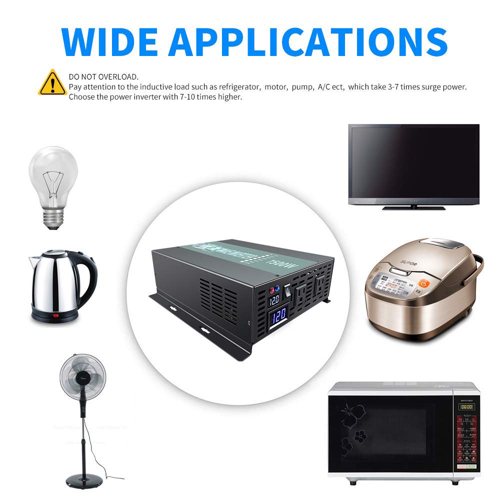 1500W Pure Sine Wave Power Inverter 12V DC to 120V AC with Remote Control - Solar Energy Converter for RV, Boat, Home & Off-Grid Power Supply