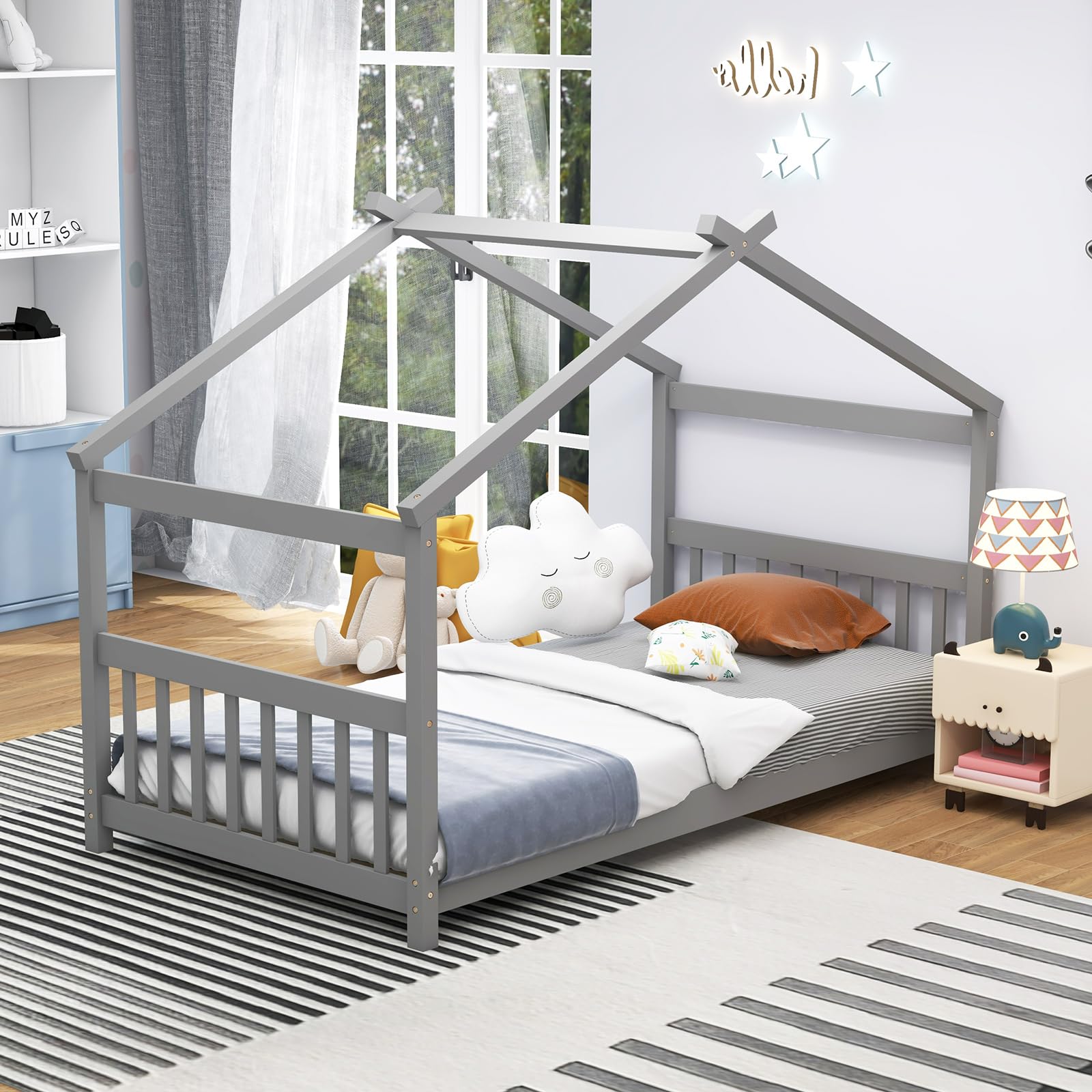 KOMFOTT Twin Wood House Bed for Kids - Low Profile Floor Bed Frame with Roof, Headboard & Footboard - Montessori Style Tent Bed for Toddlers, Boys & Girls - No Box Spring Needed (Grey) - Perfect for Bedrooms, Playrooms & Montessori Learning Spaces