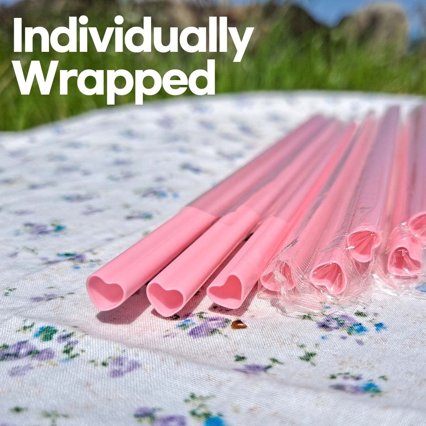 50pcs Heart Shaped Pink Plastic Straws - Disposable Cute Drinking Straws Individually Wrapped for Valentine's Day, Galentine's Day, Bridal Shower, Wedding, Birthday Party Decorations - Perfect for Cocktails, Milkshakes, Smoothies and Party Drinks