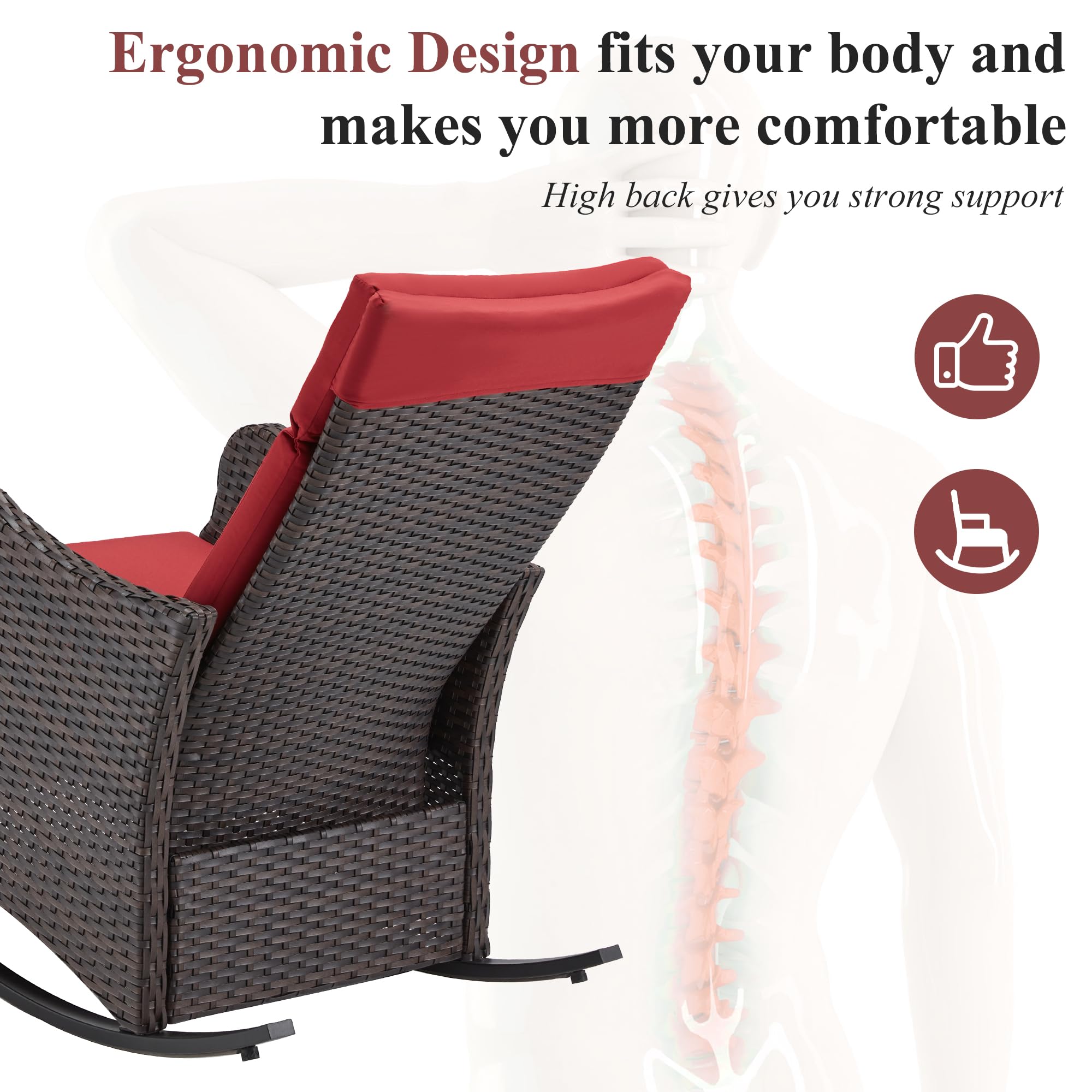 GYUTEI Outdoor Recliner Chair - Adjustable Wicker Lounge Chair with Extended Footrest & Thickened Removable Cushion - Perfect for Patio, Garden, Balcony Relaxation - Wine Red