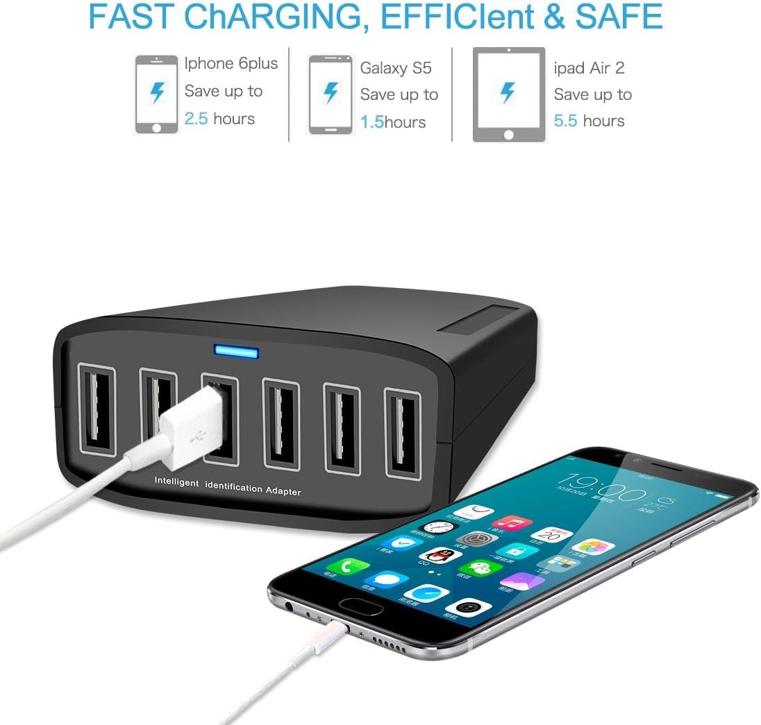 60W 6-Port USB Desktop Charger Station - Fast Charging Hub for iPhone 15/14/13, iPad Air, Samsung Galaxy, Tablets & More - Perfect for Home, Office & Travel Use