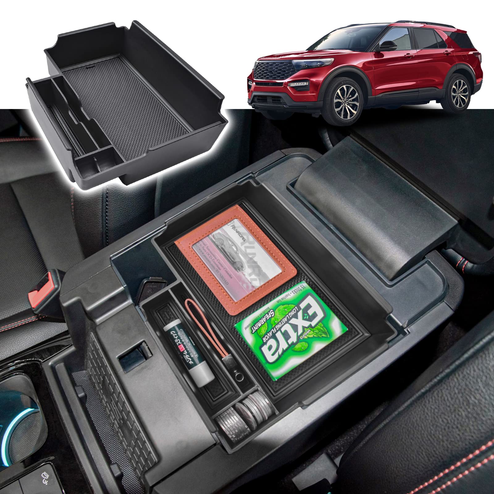 Premium ABS Center Console Organizer Tray for Ford Explorer 2020-2025 - Black Armrest Storage Box with Dividers | Perfect for Road Trips, Daily Commutes & Car Organization Accessories