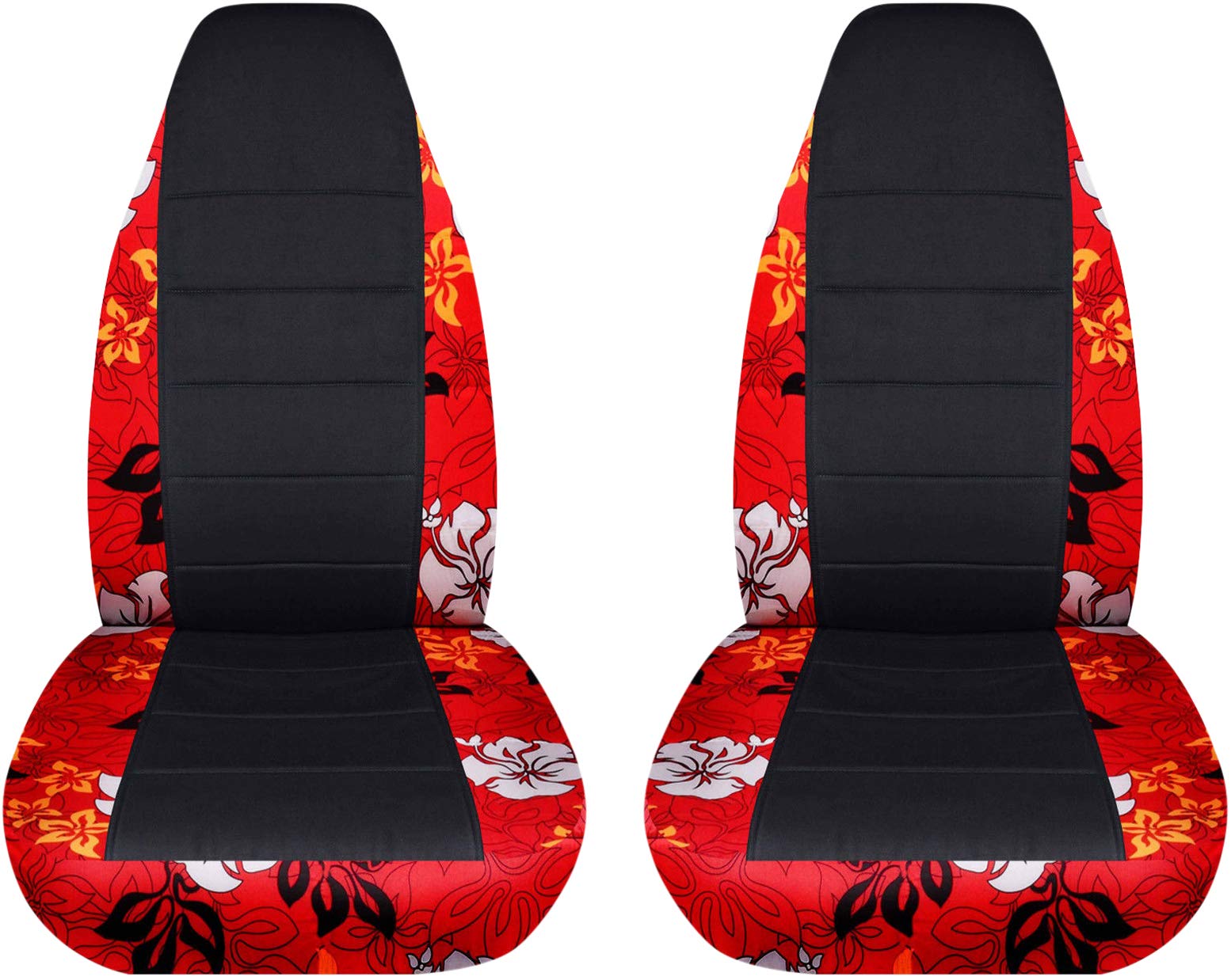 Hawaiian Floral & Black Car Seat Covers - Red Flower Design, Universal Fit for Cars, Trucks, Vans, RVs & SUVs - Semi-Custom Front Seat Protection - Perfect for Beach Trips, Road Adventures & Tropical Style