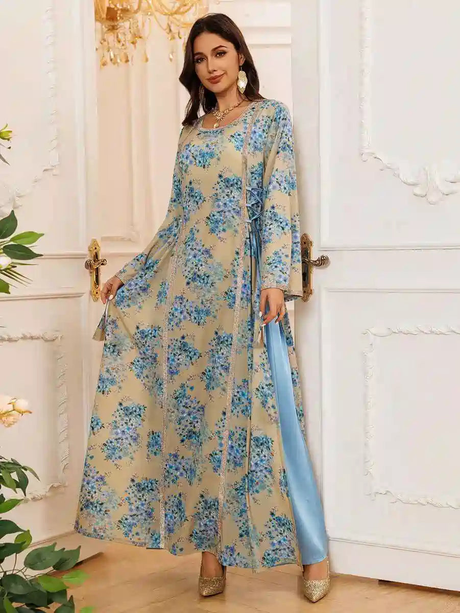 Floral Printed Eid Caftan Dress for Women - Elegant Long Kaftan with V-Neck & Flowy Sleeves #25441 | Perfect for Eid Celebrations, Summer Parties & Beach Cover-Ups