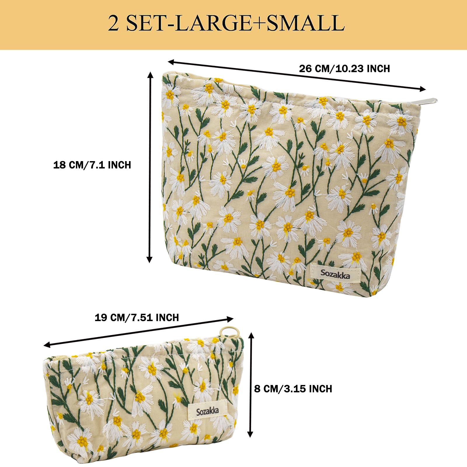 2 Pcs Large Floral Embroidery Makeup Bags for Women - Travel Cosmetic & Toiletry Organizer with Zipper, Small Cosmetic Pouch Purse for Girls & Teens - Perfect for Travel, Gym, Daily Use & Gifts