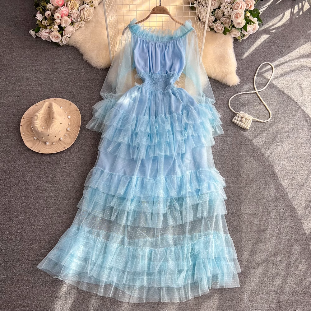Elegant Off The Shoulder A-Line Ruffled Layered Mesh Dress for Women - Perfect for Cocktail Parties, Weddings & Date Nights | Style 1464