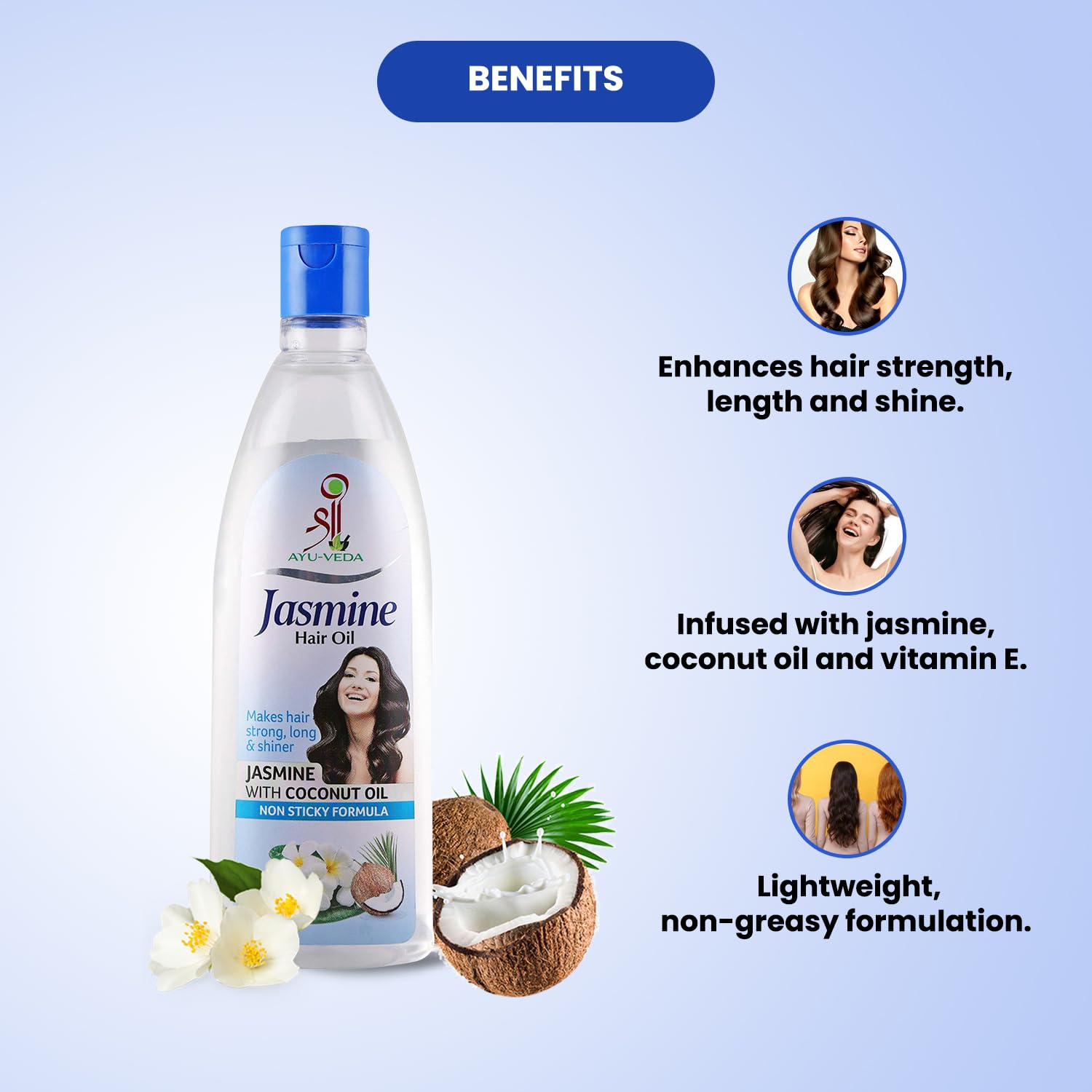 Shree Ayurveda Jasmine Coconut Hair Oil with Vitamin E - 500ml | Natural Hair Growth Treatment for Strong, Thick & Shiny Hair | Anti-Dandruff & Hair Repair Solution | Non-Sticky Formula for Daily Use | Perfect for Dry, Damaged Hair & Scalp Care