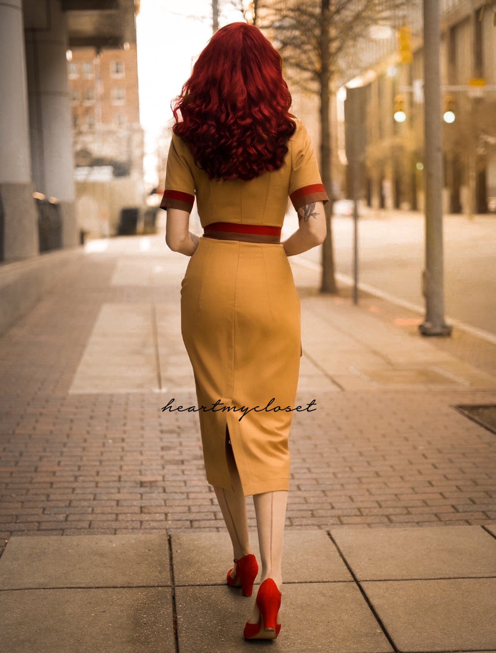 Megan Mustard Pencil Wiggle Dress with Trim - Elegant Bodycon Dress for Women, Perfect for Office, Party & Date Night