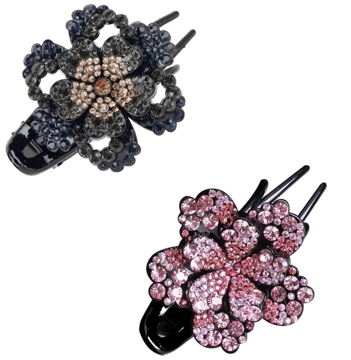ZEMANIA Rhinestone Hair Claw Clips for Women - Sparkling Crystal Flower Hair Barrettes, Non-Slip Decorative Hair Bun Clips (2-Pack) - Perfect for Parties, Weddings & Everyday Glam