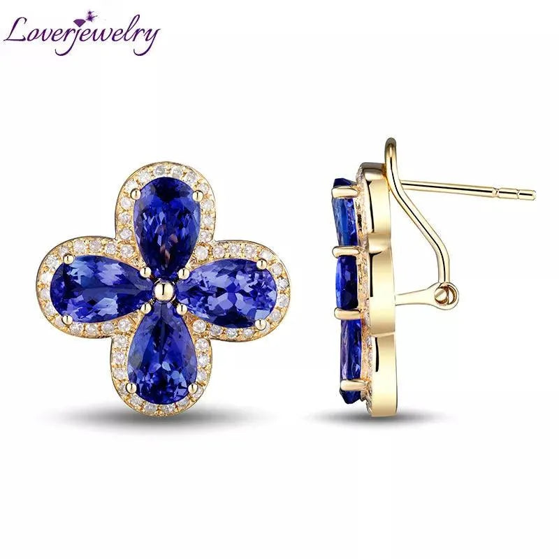 14k Real Yellow Gold Tanzanite & Natural Diamond Pear Stud Earrings 7x9mm for Women | Wedding, Party, Anniversary Gift | Elegant Jewelry for Special Occasions