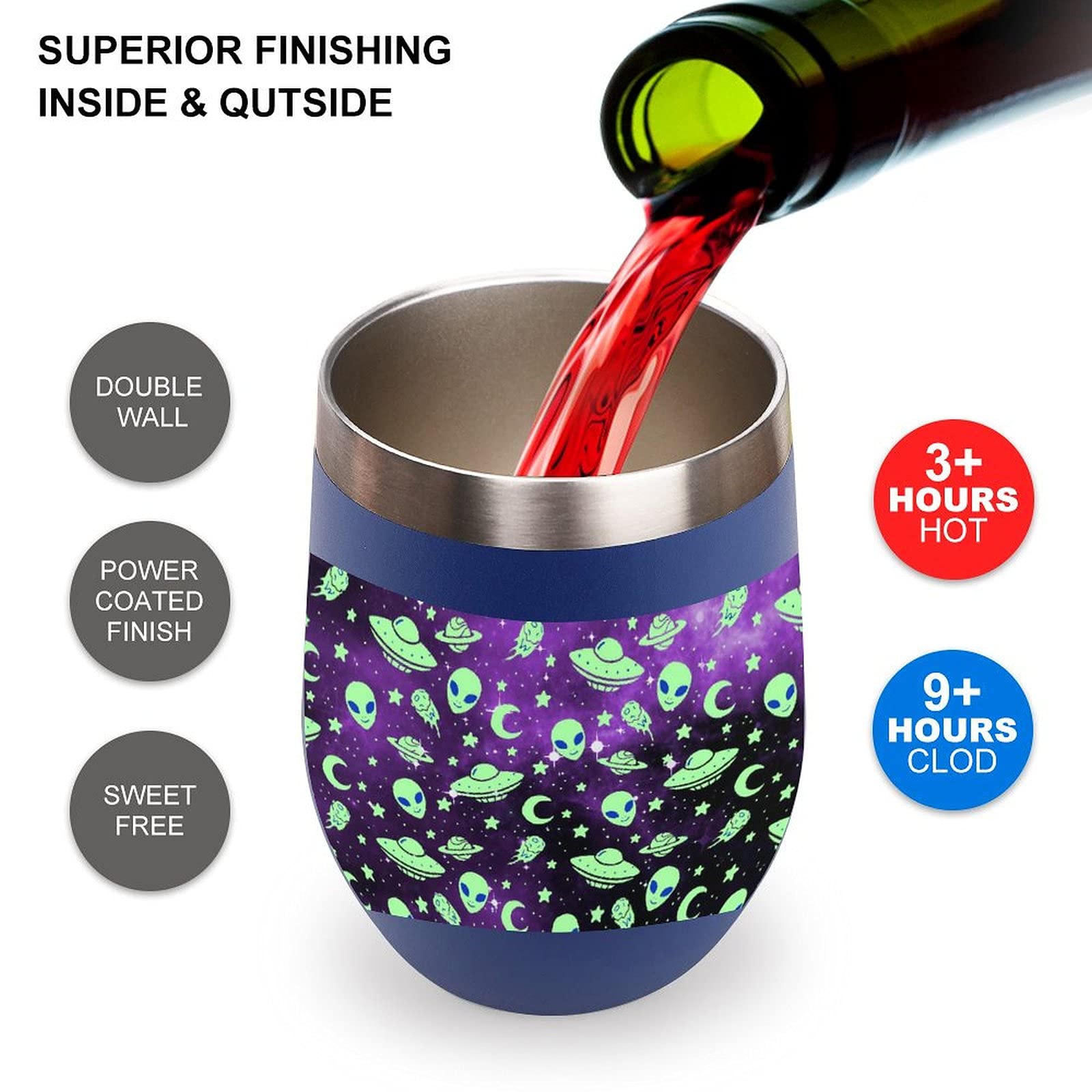 Galaxy Alien Vacuum Insulated Wine Tumbler - Stainless Steel Travel Cup for Coffee & Wine On-the-Go