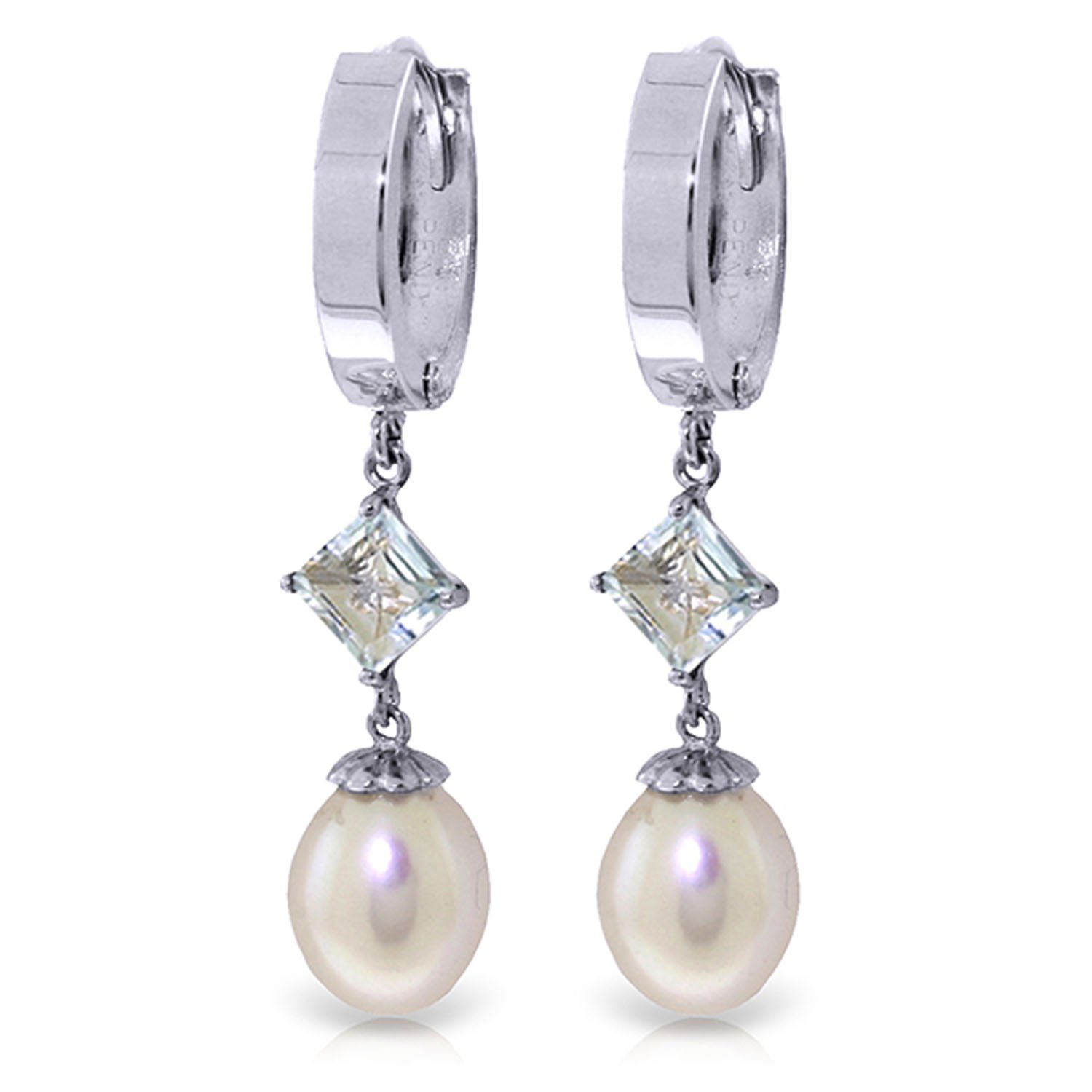 9.5 CTW 14k Solid White Gold Hoop Earrings with Natural Pearl and Aquamarine - Perfect for Weddings, Parties & Everyday Elegance