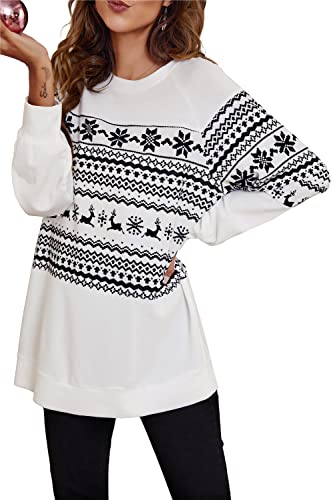Women's Christmas T-Shirt - Y2K Long Sleeve Snowflake Elk Print Blouse Top, Harajuku Crewneck Sweatshirt Pullover for Holiday Parties & Winter Outfits