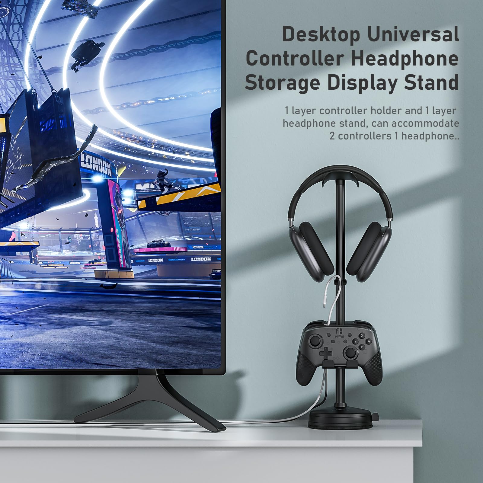 Universal Aluminum Headphone Stand with Anti-Slip Heavy Base & Suction Cup - Compatible with PS5, Switch Pro, Xbox, Airpods, Beats, Bose - Perfect Gaming & Office Desk Organizer for Headset & Controller Storage