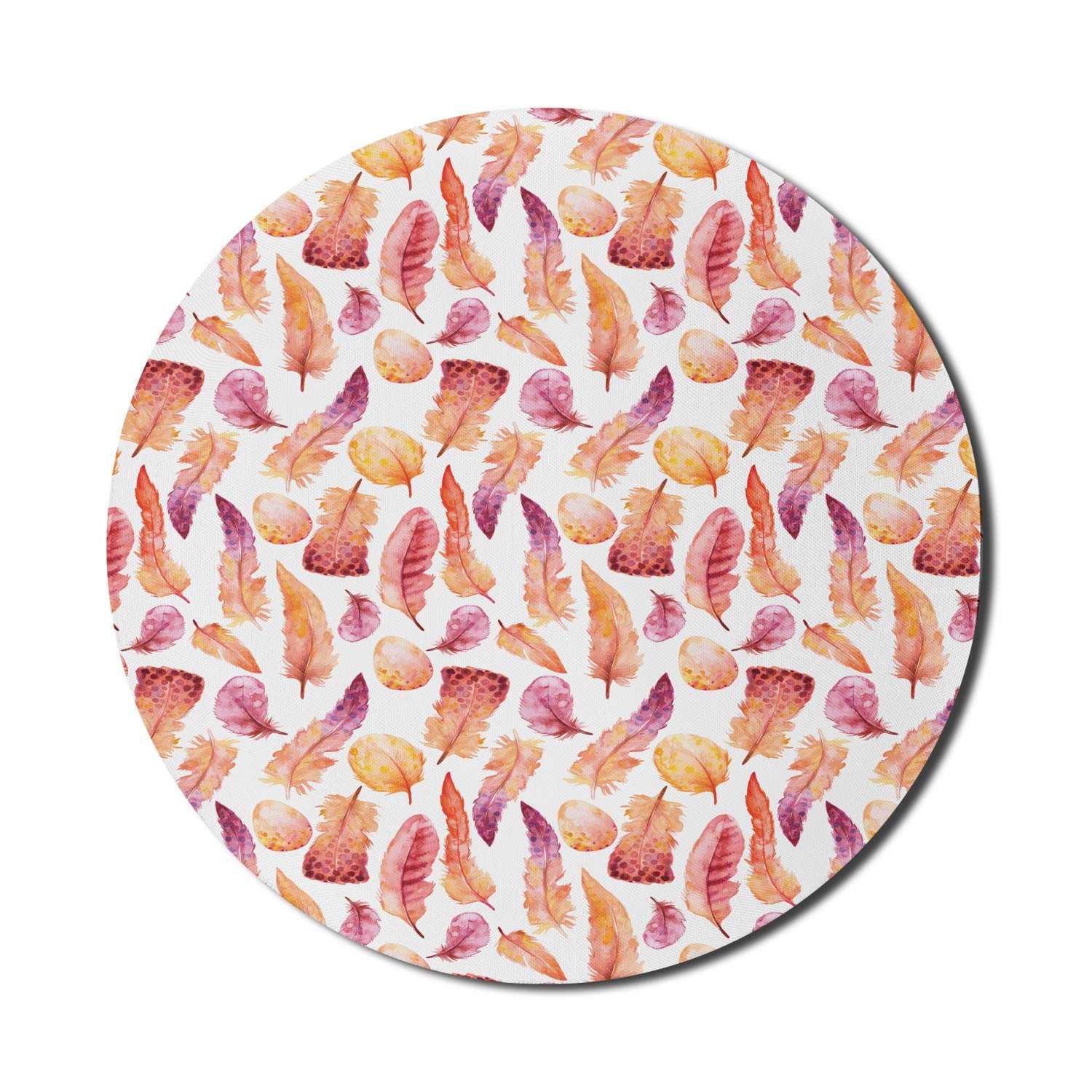 Ambesonne Hand Drawn Feather Mouse Pad - 8 Inch Round Non-Slip Rubber Gaming Mousepad with Nature Inspired Quill Brush Design in Orange Beige Purple | Perfect for Office, Home & PC Gaming Setup