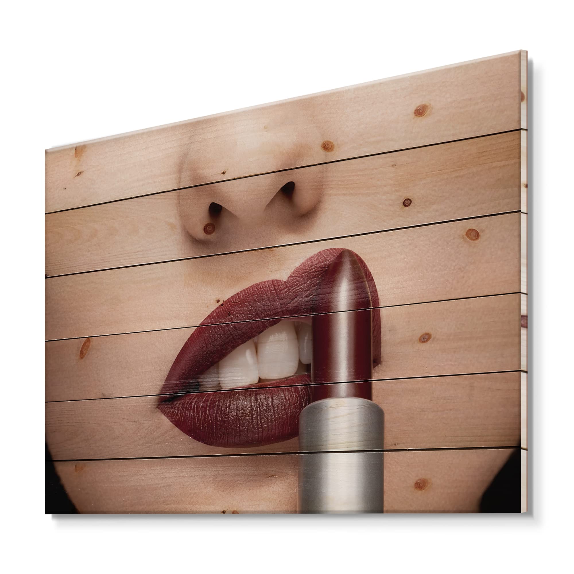 Modern Red Lipstick Woman Wood Wall Art - Contemporary Large People Wood Panel Decor Printed on Natural Pine - Perfect for Living Room, Bedroom & Office Decor