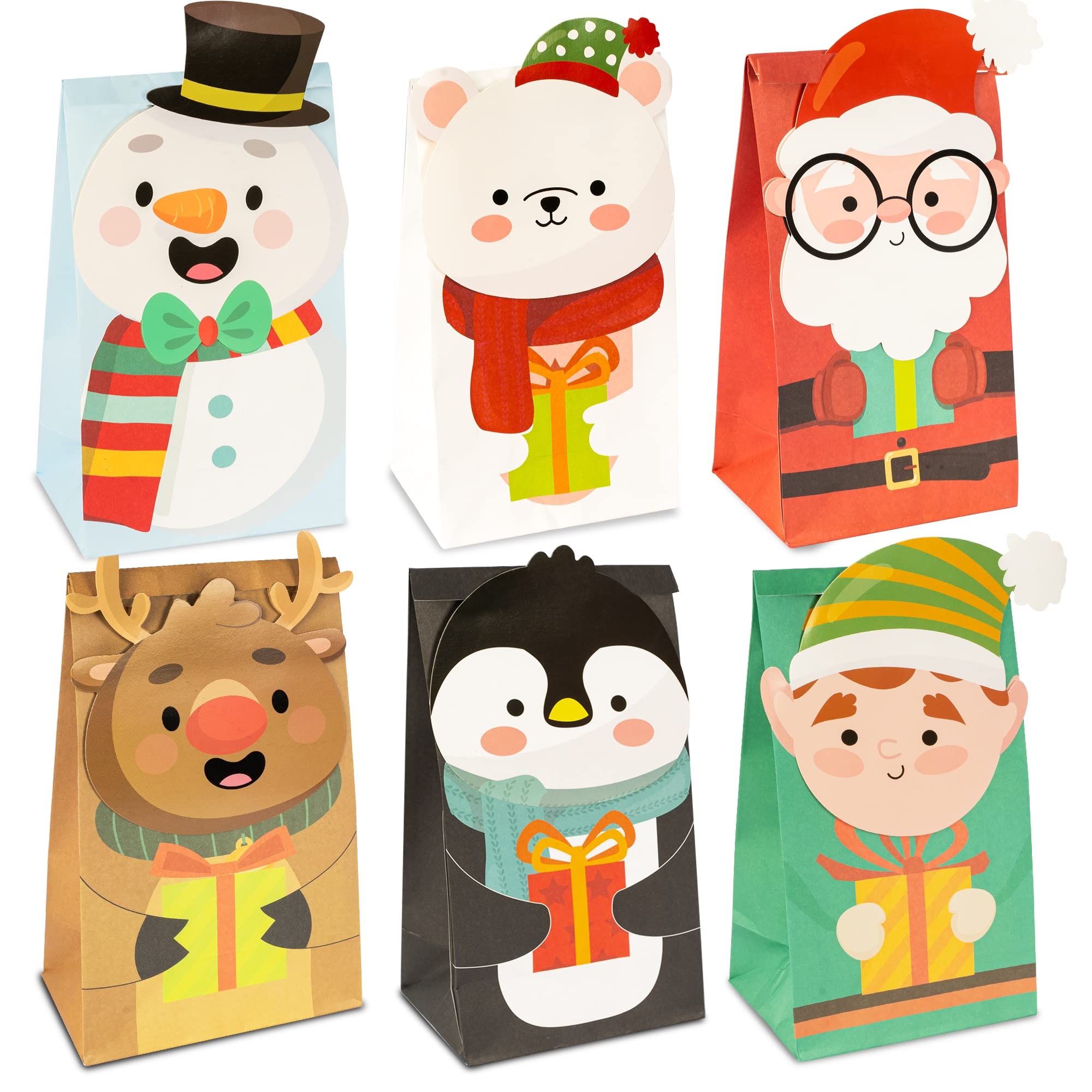 Uptotop 24 Pack 2D Christmas Treat Bags - 6 Assorted Holiday Designs, Kraft Paper Gift Bags for Cookies, Candy & Party Favors | Perfect for Christmas Decorations, Holiday Parties & Gift Giving