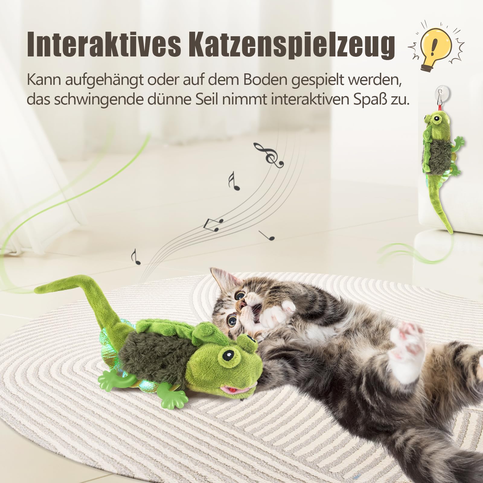 Migipaws Interactive Cat Toys - Touch Activated Flapping Chirping Lizard Kitten Toy with Catnip | Rechargeable Battery | Indoor Play & Exercise for Kittens & Adult Cats (Green)