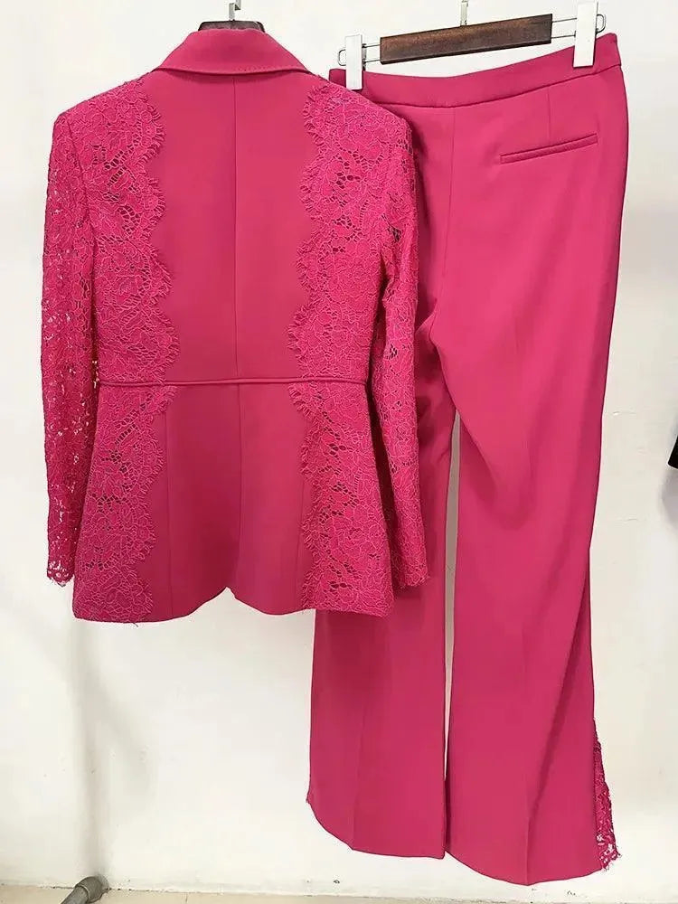 Elegant Lace Patchwork Women's Pant Suit Set with Flared Pants - Formal Office Wear & Evening Party Outfit