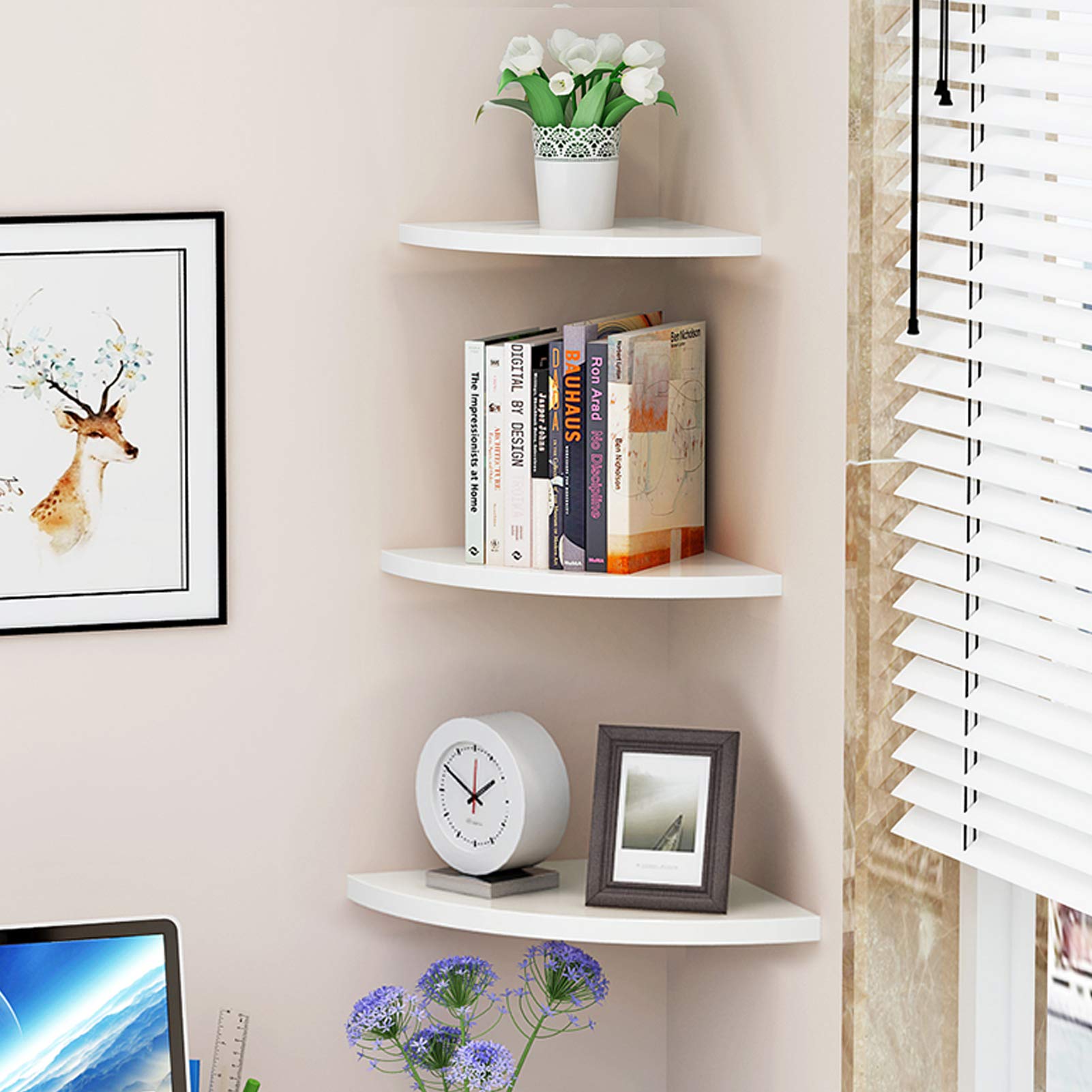 Greensen 3-Tier Floating Corner Shelf - Round End Wall Mounted PVC Shelves for Home Decor, Bedroom, Living Room, Bathroom, Kitchen & Office - White | Perfect for Small Spaces & Displaying Plants, Books & Decor Items