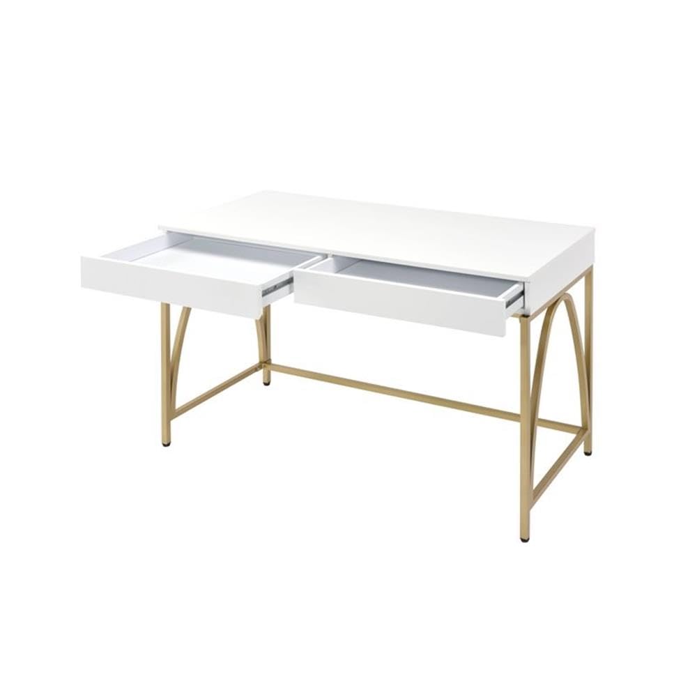 BOWERY HILL Contemporary Vanity Desk - White High Gloss Finish with Gold Accents | Modern Dressing Table for Bedroom, Makeup Station & Home Office