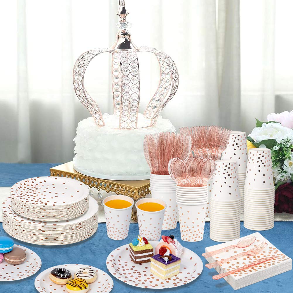 350-Piece White & Rose Gold Disposable Dinnerware Set - Elegant Paper Plates, Napkins, Cups & Plastic Cutlery for Women's Birthday, Graduation, Bridal Shower, Engagement & Wedding Parties | Perfect for Elegant Celebrations and Special Occasions