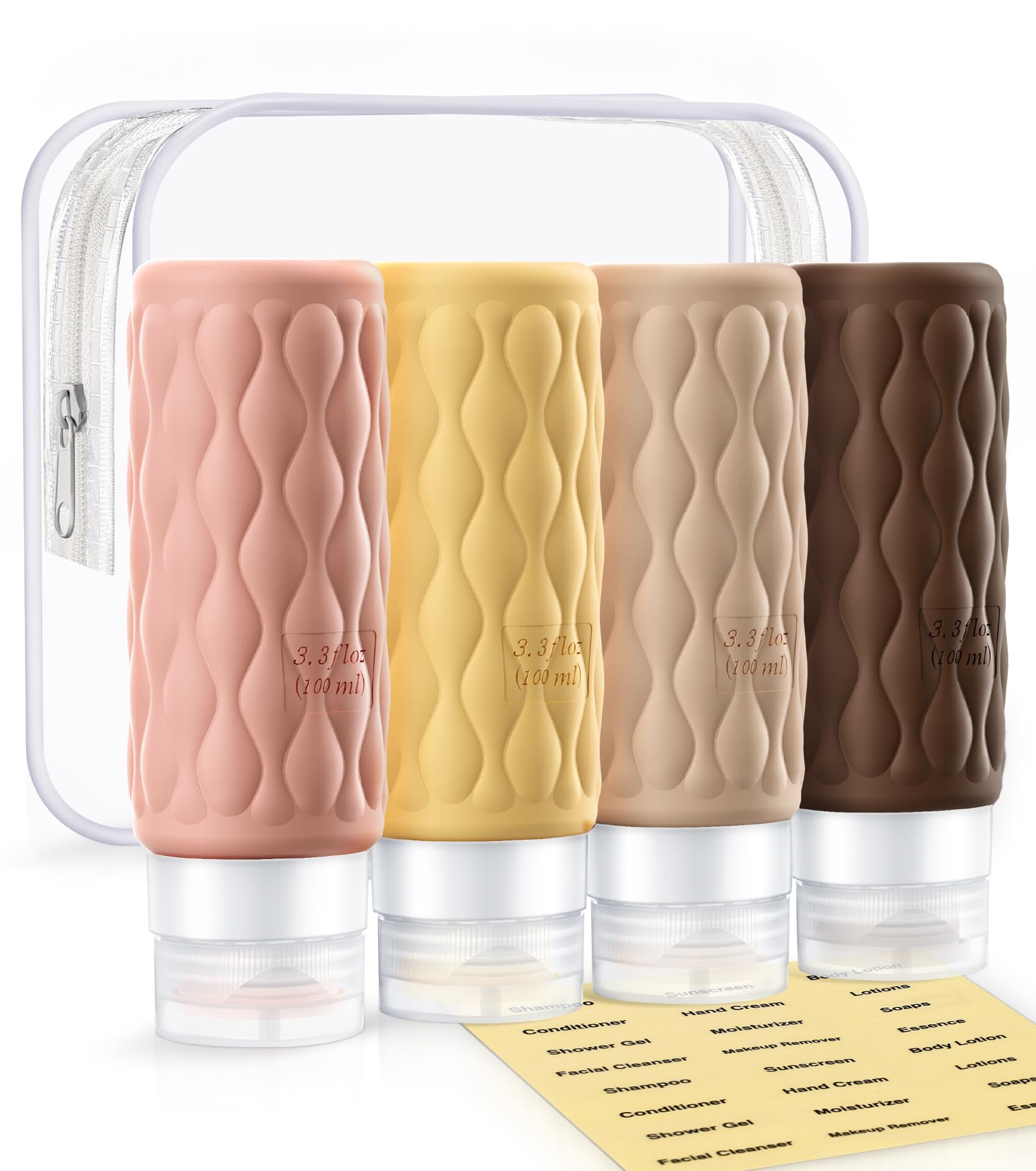TSA Approved 3.4 oz Silicone Travel Bottles for Shampoo & Toiletries - Leak Proof Portable Containers with Clear Toiletry Bag & Labels - Perfect for Air Travel, Gym, Camping & Vacation Essentials