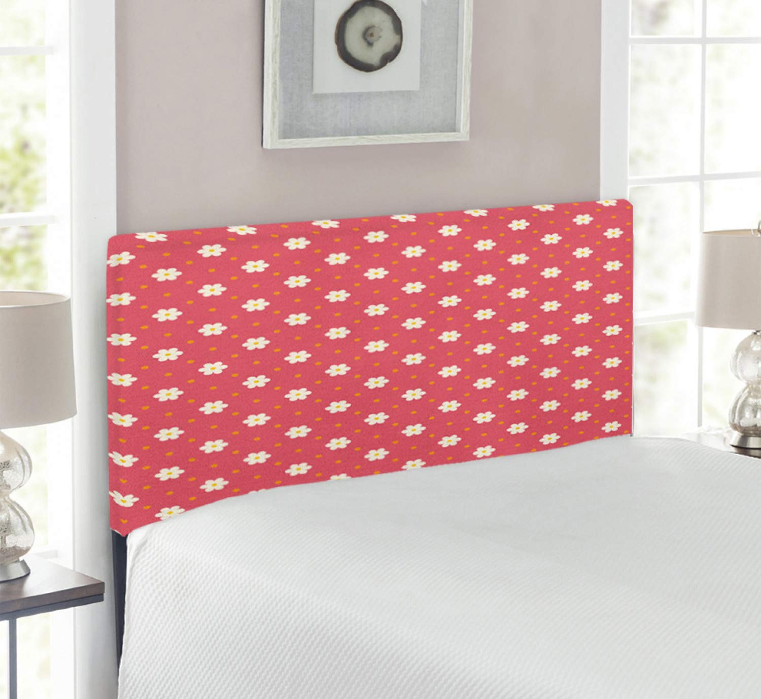 Ambesonne Retro Upholstered Headboard with Memory Foam - Twin Size Pink White Daisy Floral Pattern Metal Bed Frame - Perfect for Vintage Bedroom Decor & Guest Room Makeover