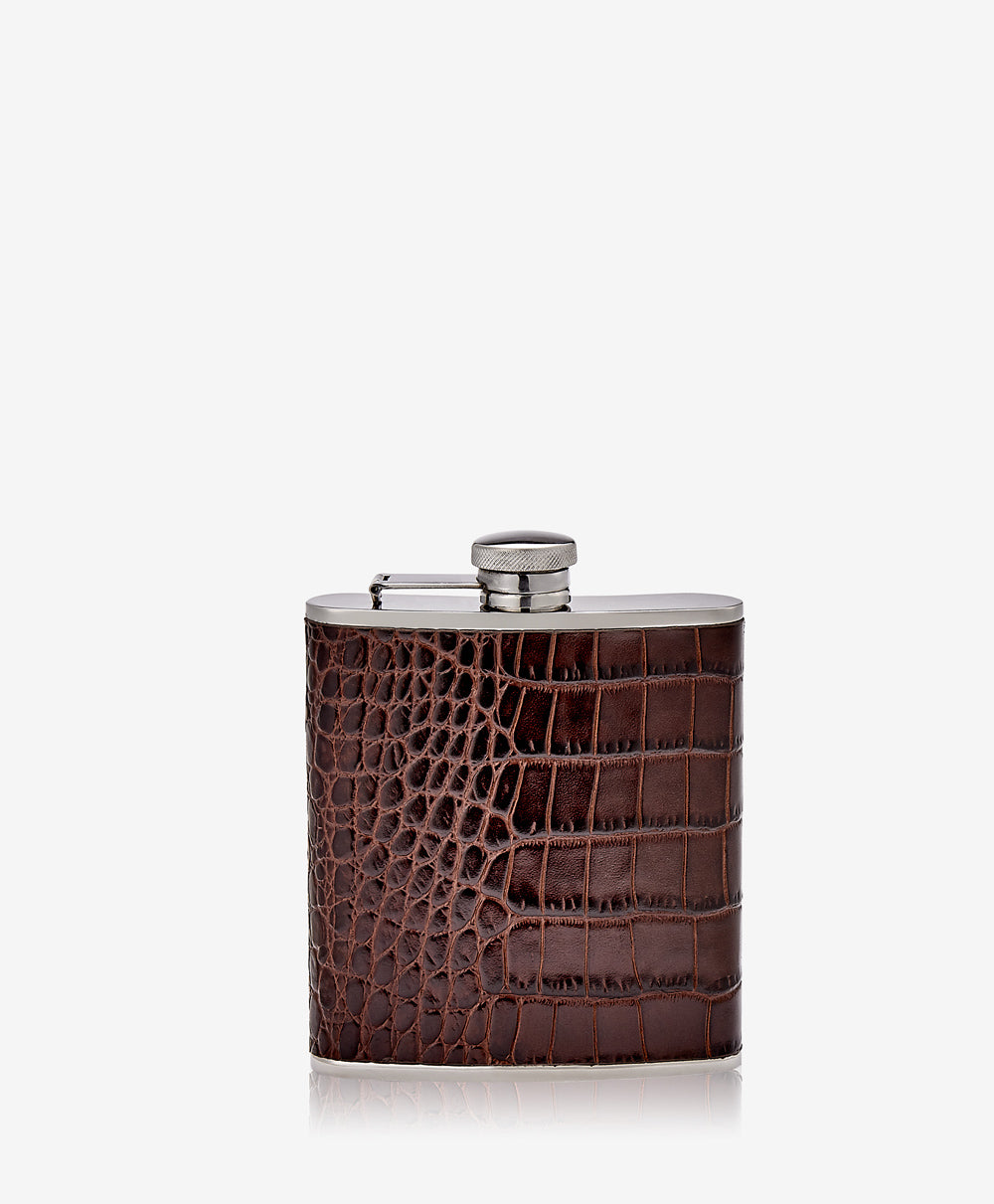 6 Oz Flask Brown Crocodile Embossed Leather - Premium Hip Flask for Whiskey, Vodka & Liquor - Perfect for Outdoor Adventures, Camping & Gifts