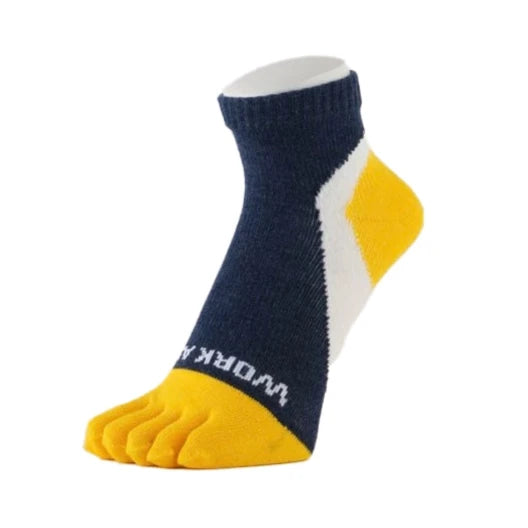 Work Assist Arch Support Socks - 5 Toed Comfort Socks for Men & Women, Breathable Short Socks in Indigo/Yellow - Ideal for Standing Jobs, Nurses & Office Workers