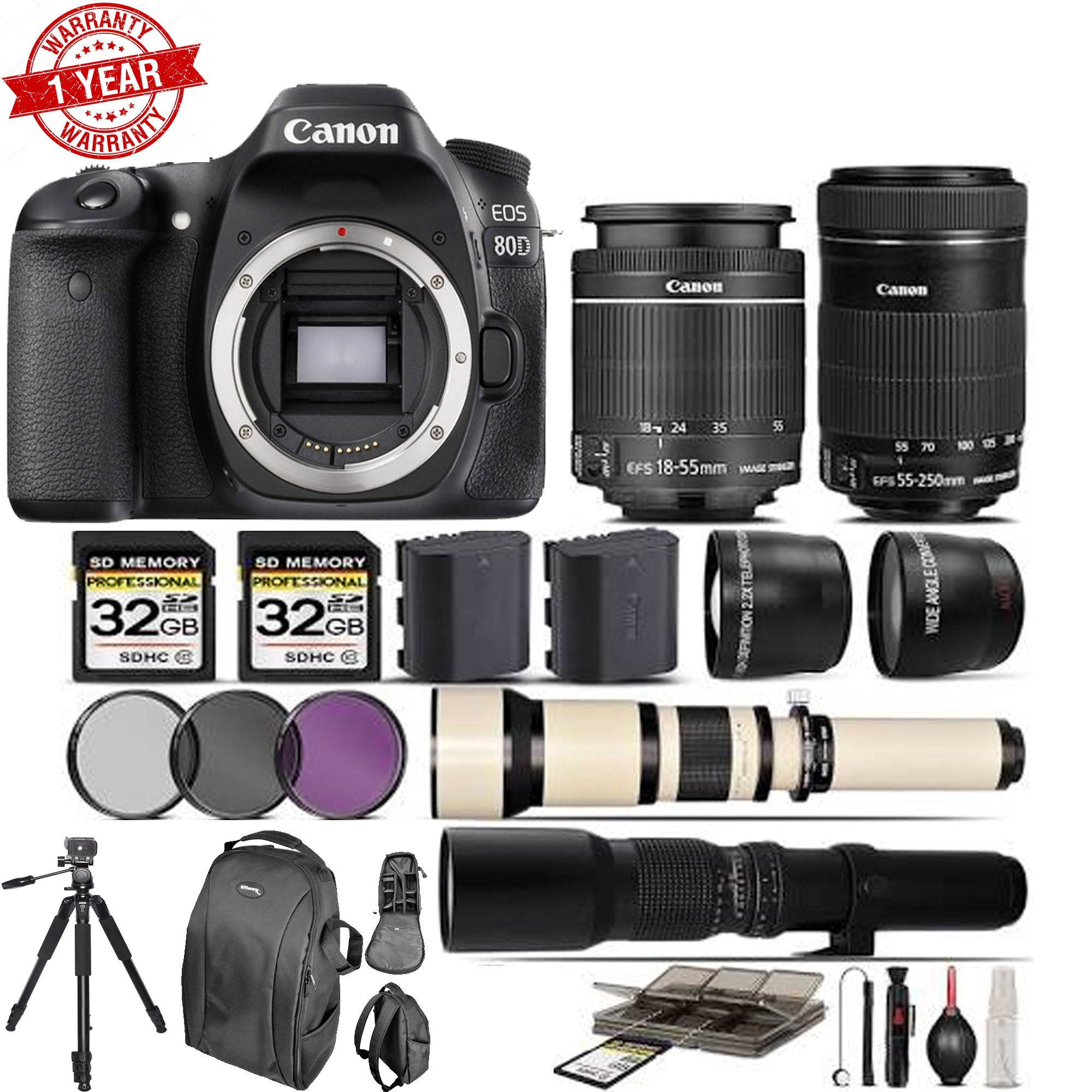 Canon EOS 80D WiFi DSLR Camera with 18-55mm & 55-250mm IS STM Lenses, 64GB Memory Kit - Perfect for Travel Photography, Vlogging & Professional Shooting
