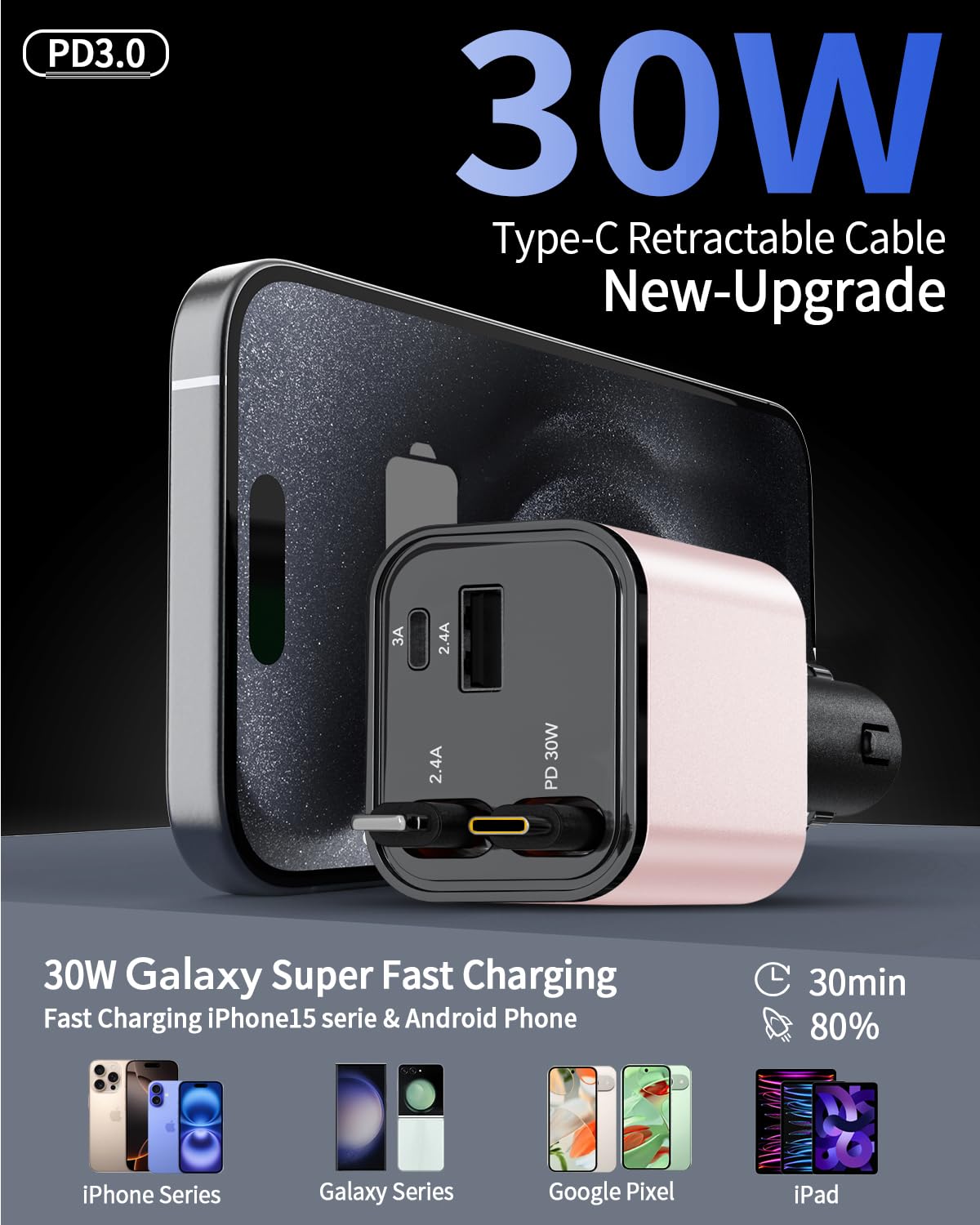 69W 4-in-1 Retractable Car Charger with 2 USB Ports & 2 Retractable Cables - Fast Charging for iPhone 16/15/14/13/12/11, Samsung Galaxy & Google Pixel - Perfect for Road Trips, Commuting & Emergency Charging