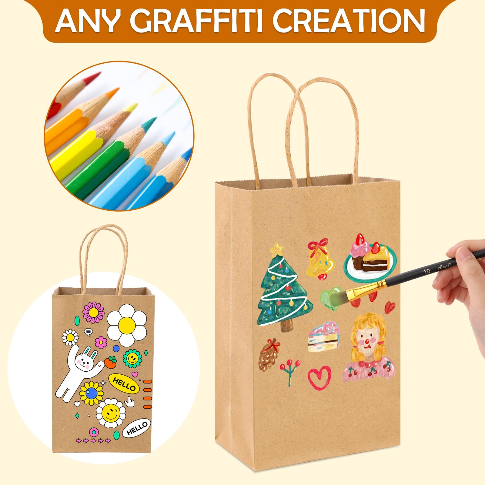 XPCARE 100Pcs Kraft Paper Gift Bags with Handles - 5.25x3.25x8.25 Inches Small Brown Shopping Bags Bulk for Retail, Parties, Wedding Favors & Gift Packaging