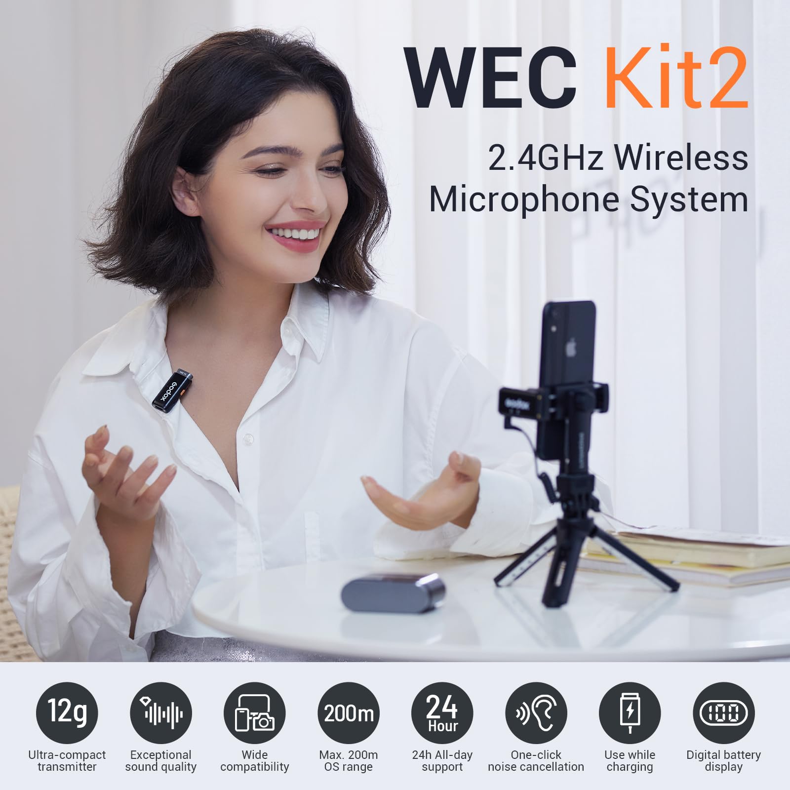 GODOX WEC Wireless Lavalier Microphone with Noise Cancellation, 656ft Range, 8H Battery - Compact Lapel Mic System for DSLR, iPhone, Android (Perfect for Interviews, Vlogging & Live Streaming)