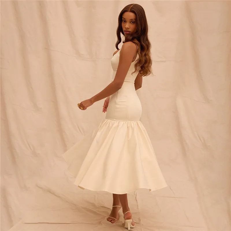 Elegant Backless Maxi Fishtail Dress for Women - Square Collar Sleeveless Loose Pleated Long Gown | Perfect for Evening Parties, Weddings & Special Occasions