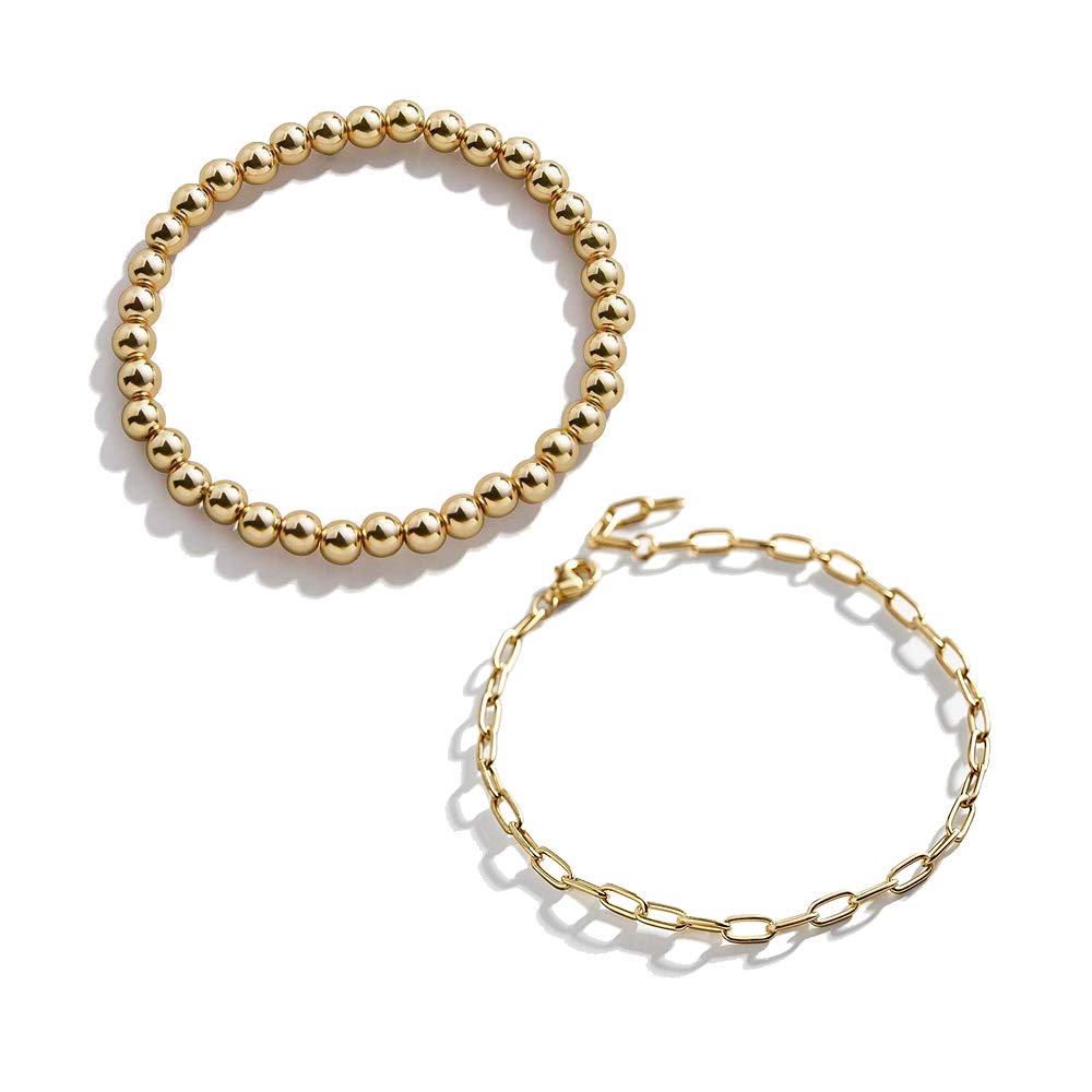 Elegant Gold Plated Beads Stretchy Bracelet Set - Fashionable Paperclip Chain Square Cuboid Stacking Balls Bracelets for Women & Girls | Vacation, Party, Wedding & Everyday Wear Jewelry Gift