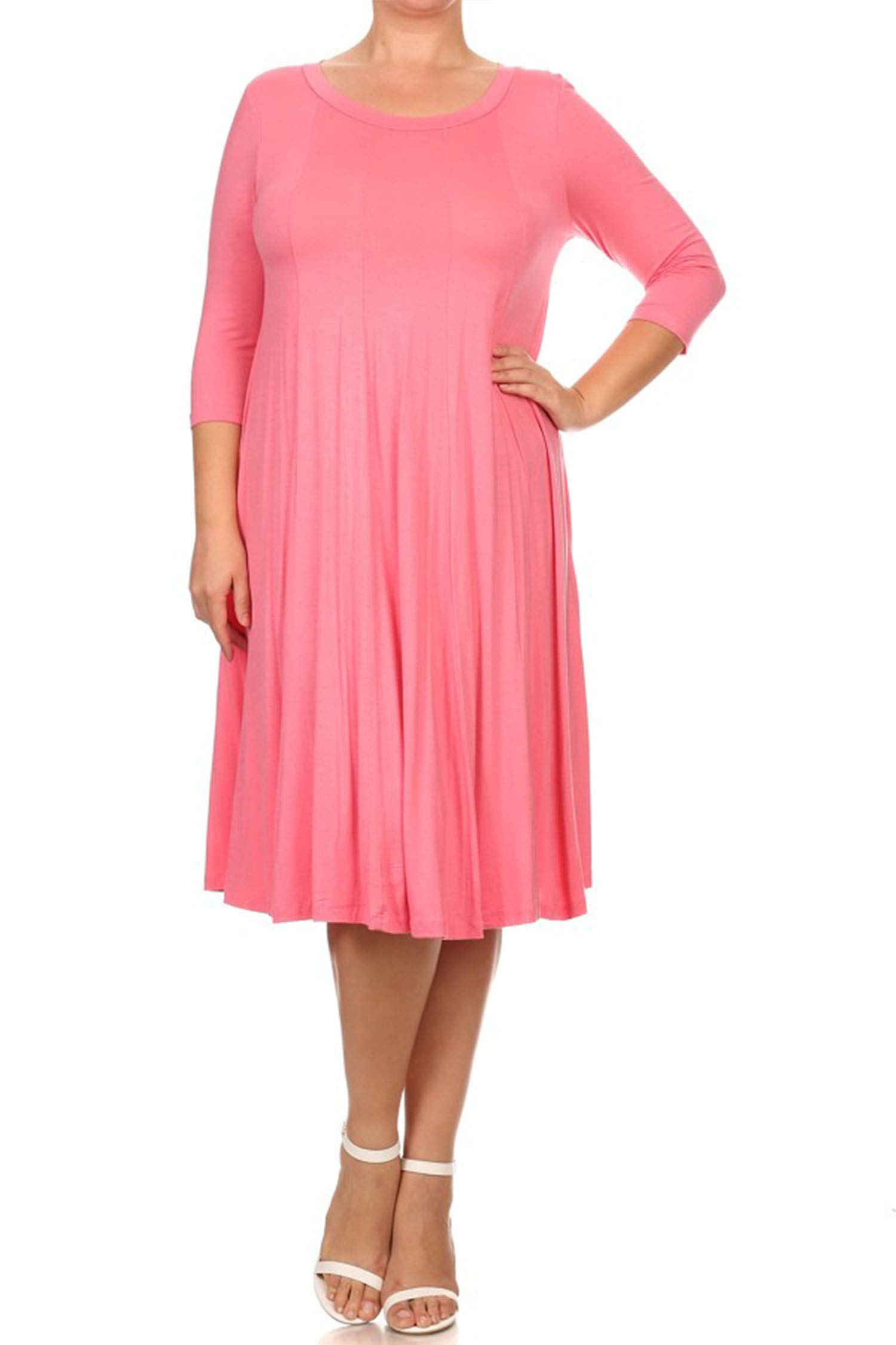 Plus Size Casual 3/4 Sleeve A-Line Midi Dress - Comfortable Solid Print Women's Dress (Pink, XL) | Made in USA | Perfect for Office Wear, Date Nights & Summer Outings
