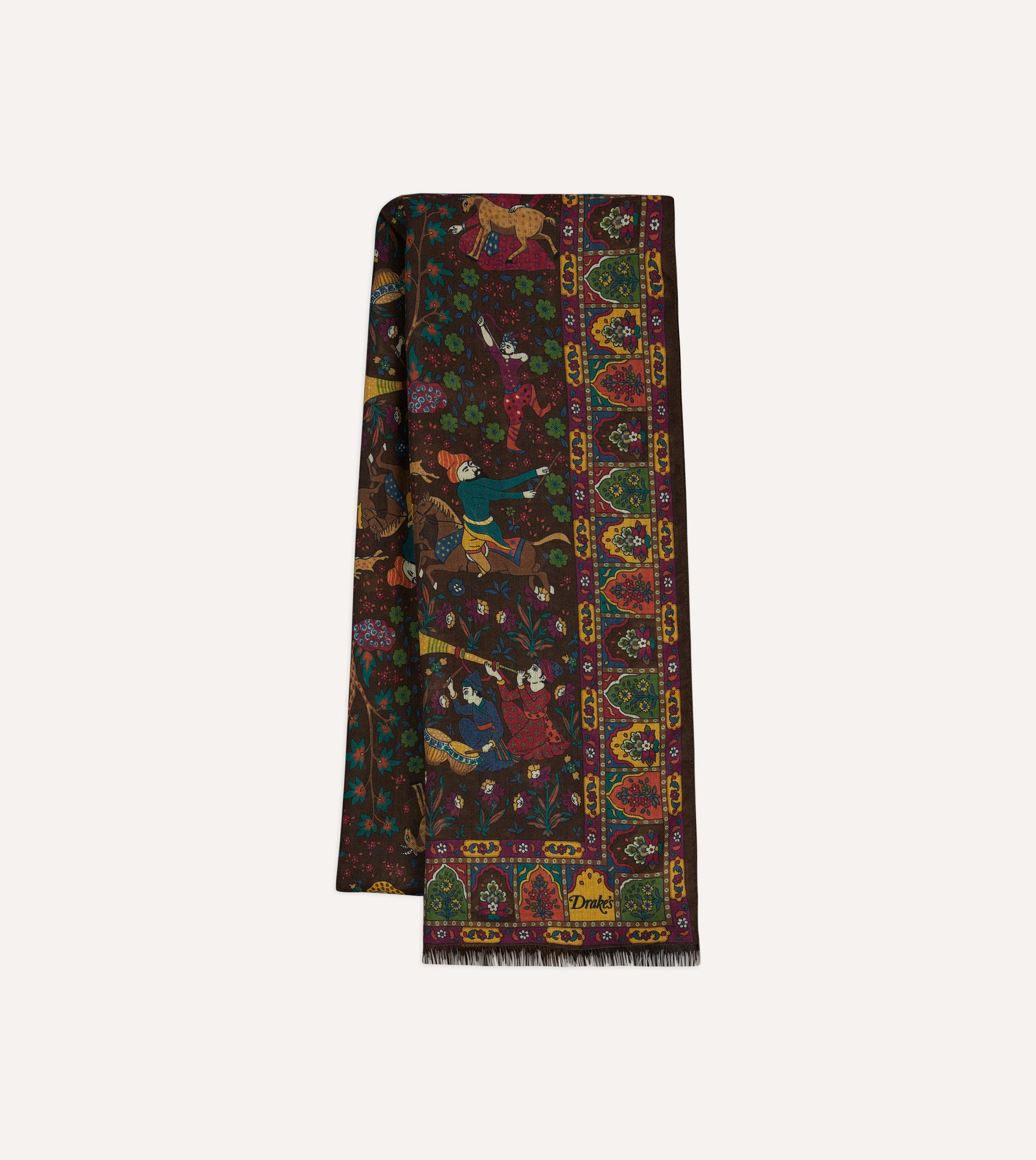 Luxury Brown Mughal Hunter Print Wool Silk Scarf - Elegant Winter Fashion Accessory for Women, Perfect for Office, Parties & Special Occasions