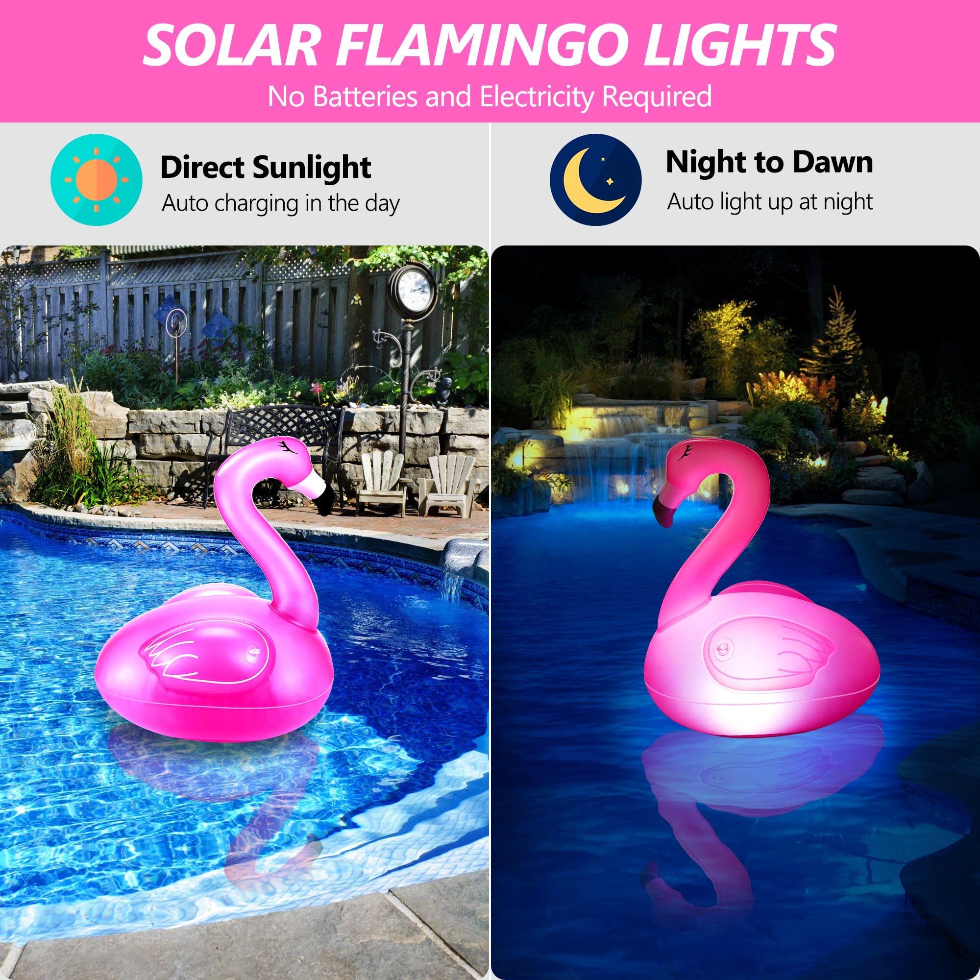 Solar Flamingo Pool Lights 3 Pack - Waterproof Floating LED Lights for Swimming Pools, Outdoor Decor | Glow in The Dark Solar Powered Flamingo Lights for Garden, Patio, Backyard Parties & Nighttime Pool Decorations