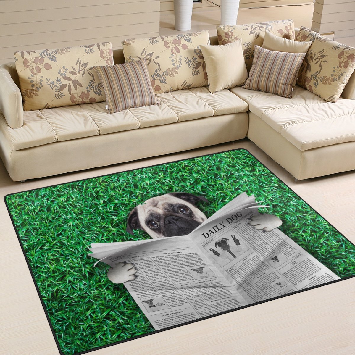 ALAZA Funny Pug Dog Reading Newspaper Print Area Rug - 7'x5' Green Grass Design Non-Slip Living Room Bedroom Rug - Perfect for Home Decor, Pet Lovers & Cozy Spaces