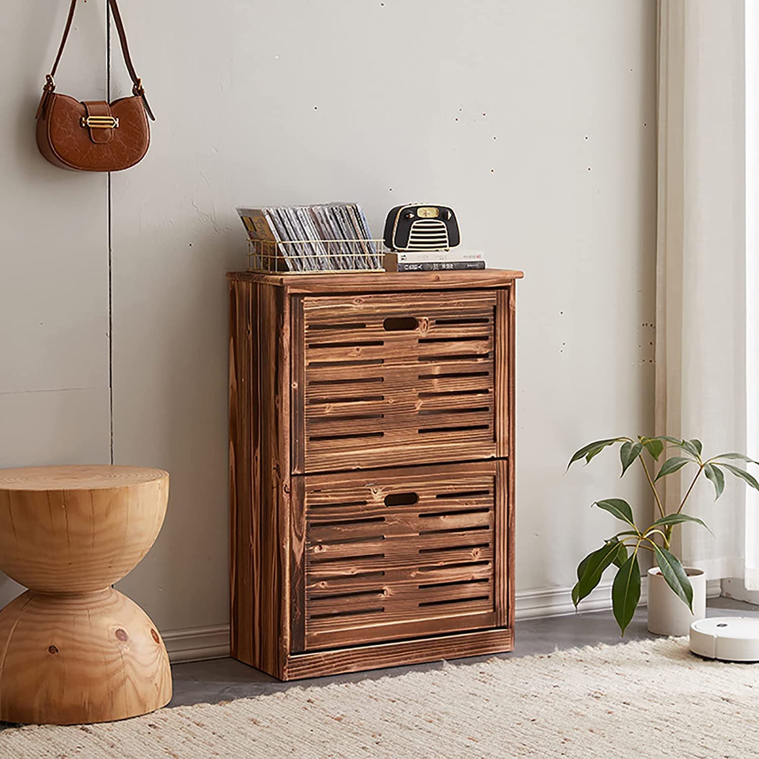 Rustic Solid Wood Shoe Cabinet - Hidden Shoe Rack Organizer for Entryway, Farmhouse Style Shoe Storage Furniture (53x24x77cm, 4-Tier) | Perfect for Small Spaces, Hallway Organization & Home Decor