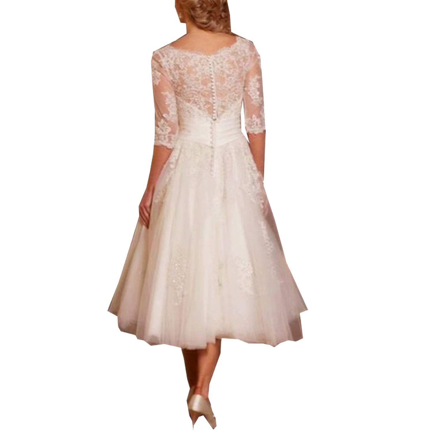 Lorderqueen Short A-Line Wedding Dress with 3/4 Sleeves Lace Bridal Gown for School Prom, Ball Gown & Formal Events - Perfect for Bridal Shower, Vow Renewal & Evening Parties